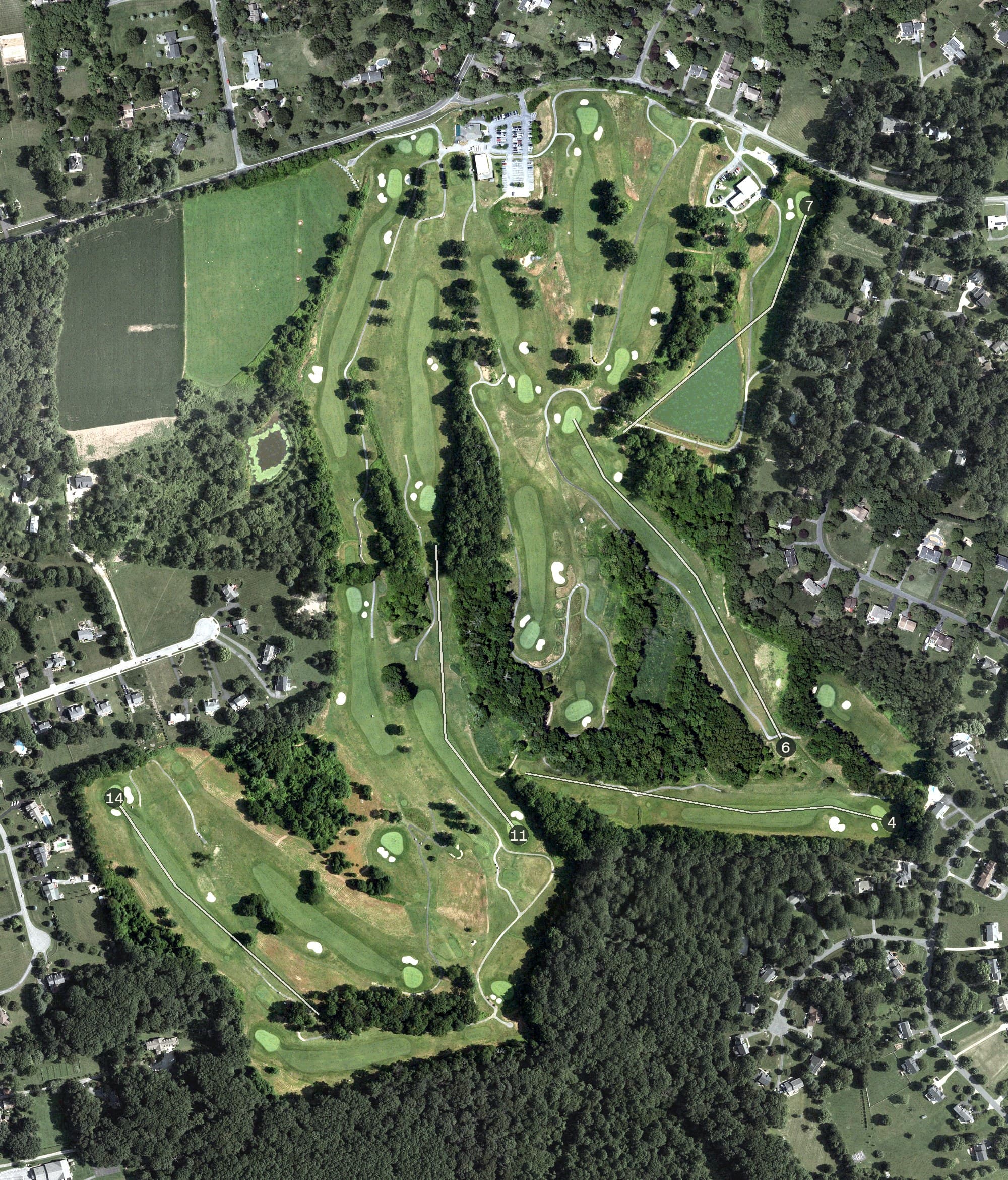 Aerial view of Laytonsville Golf Course, MD, with its hole routing marked
