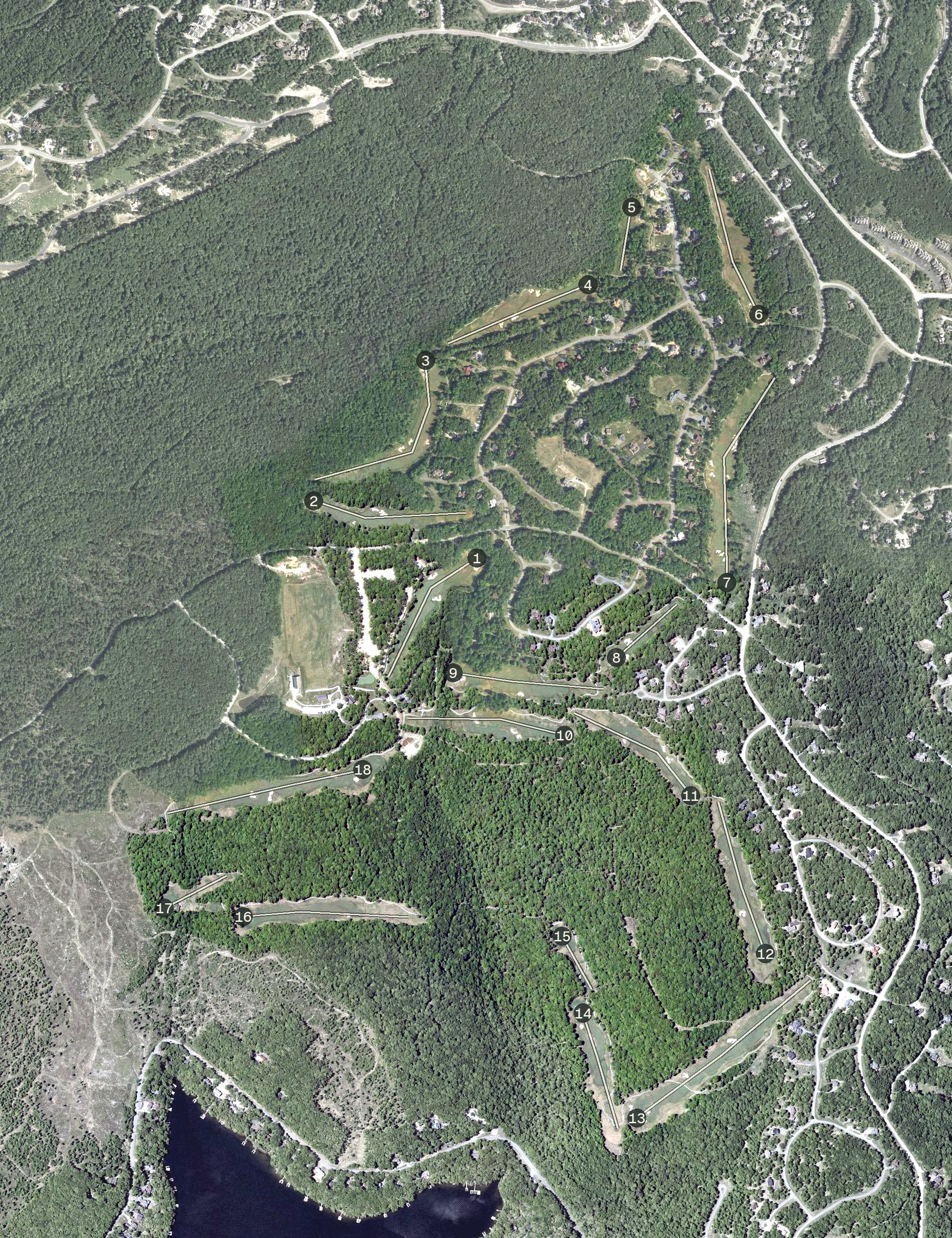 Aerial view of Lodestone Golf Course, MD, with its hole routing marked