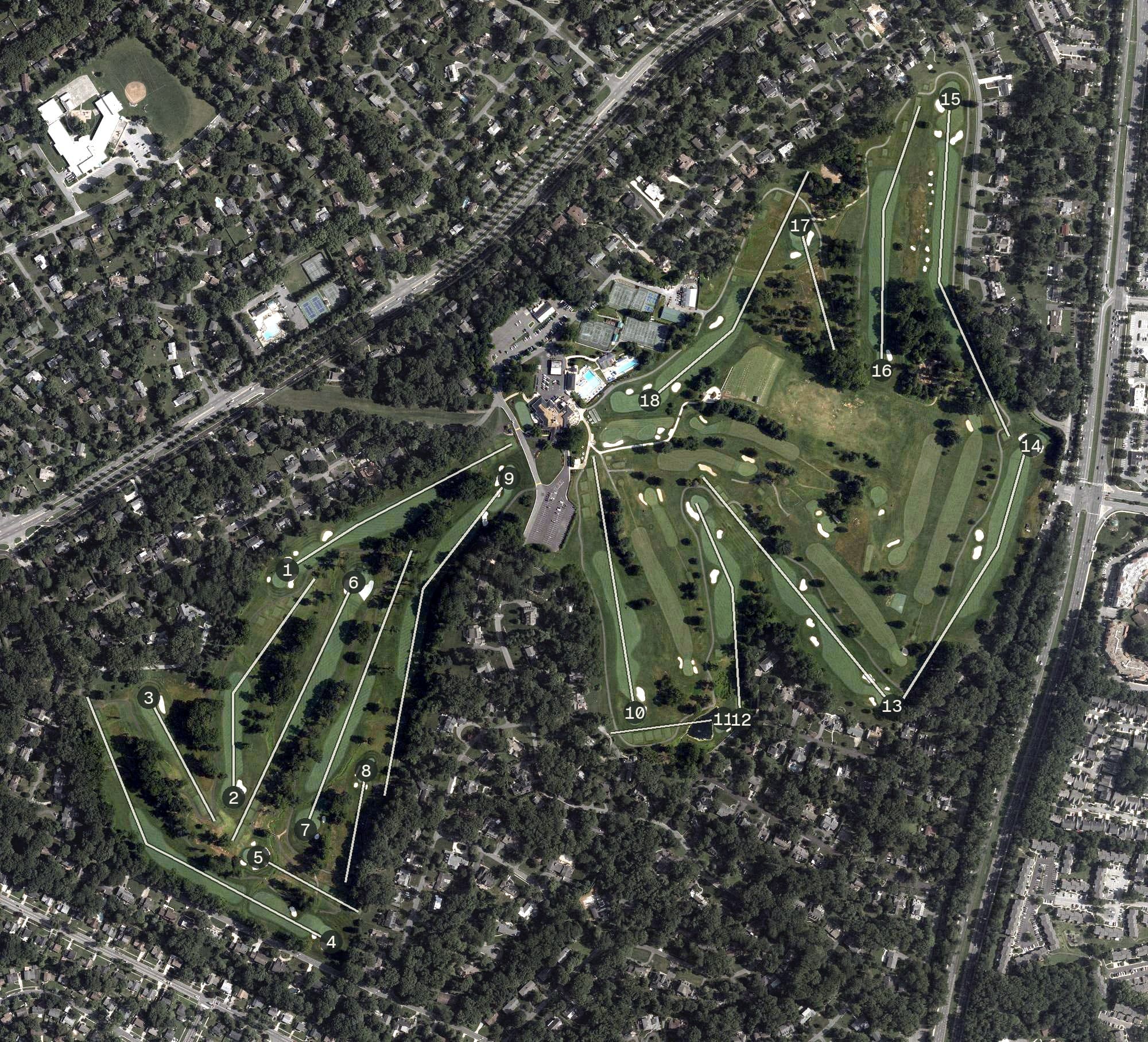 Aerial view of Manor Country Club, MD, with its hole routing marked