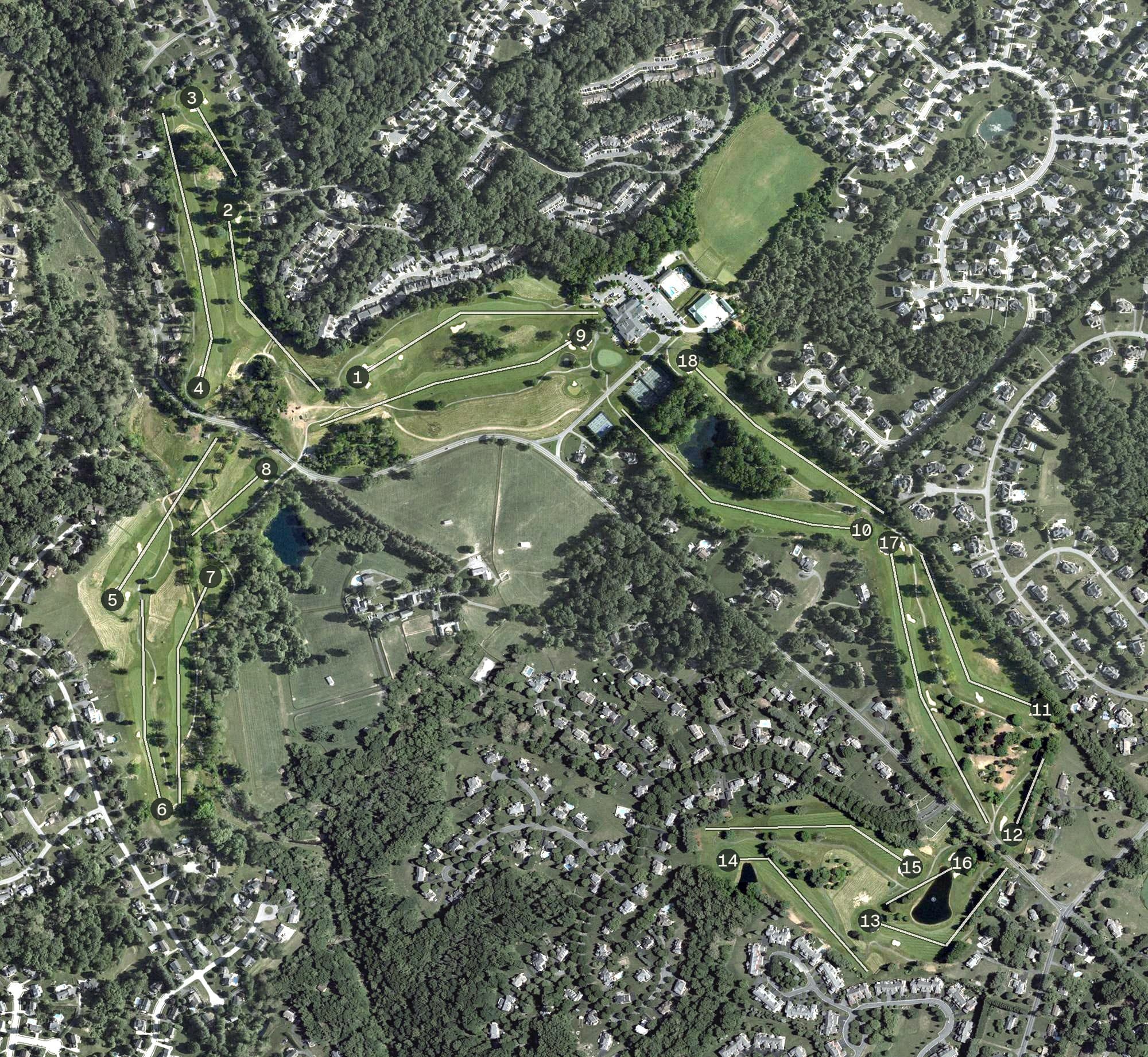 Aerial view of Maryland Golf & Country Club, MD, with its hole routing marked