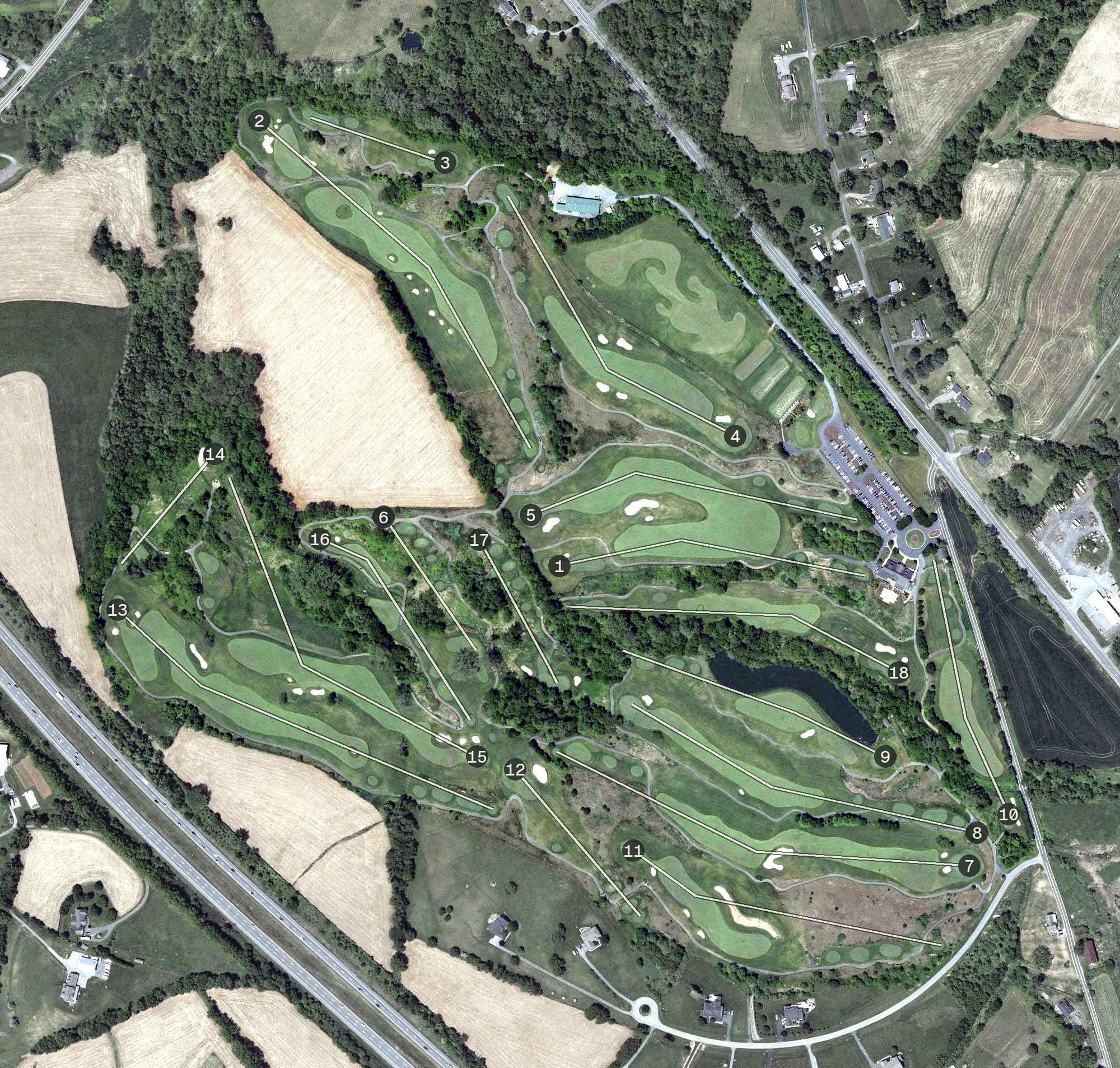 Aerial view of Maryland National Golf Course, MD, with its hole routing marked