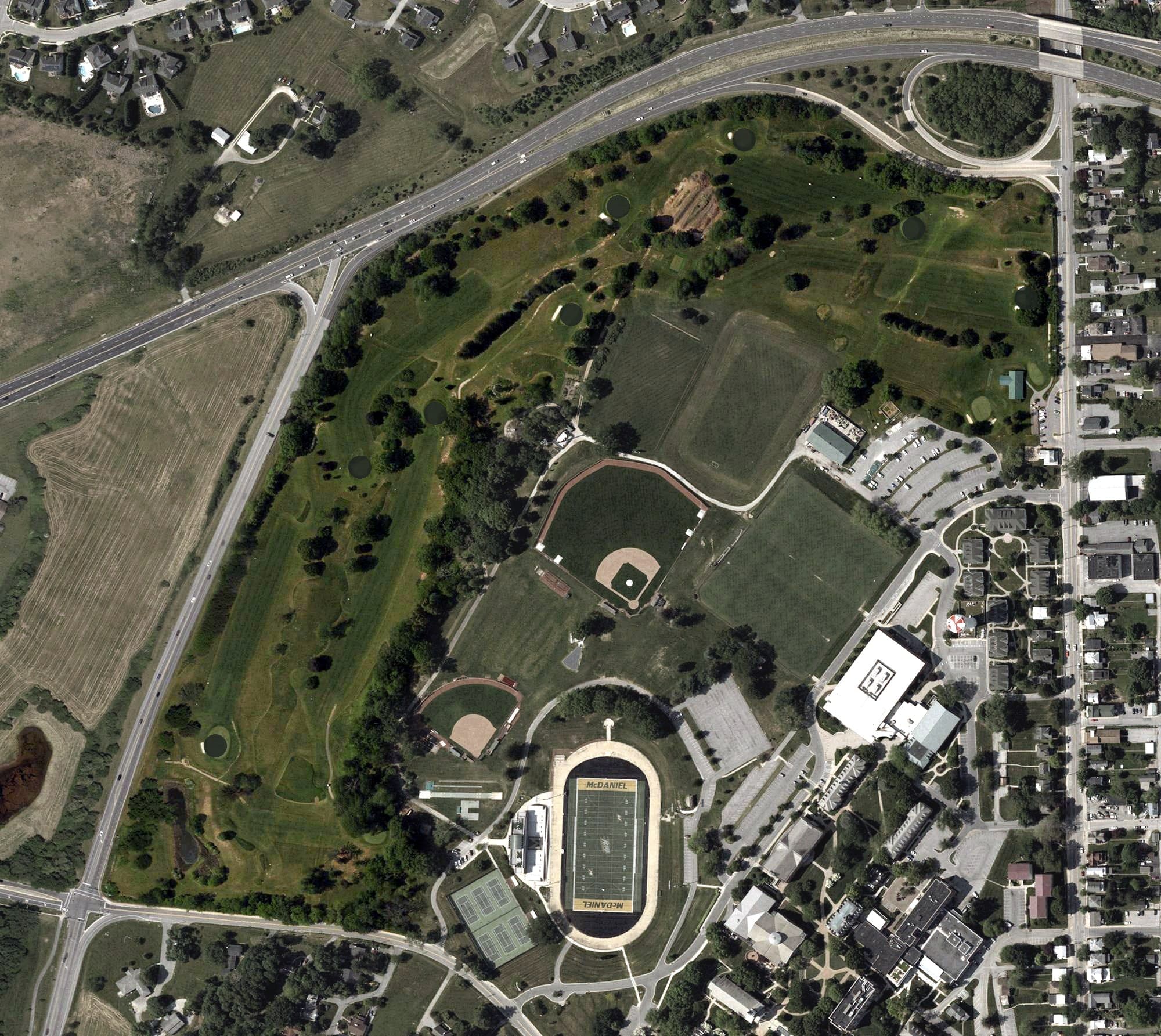 Aerial view of McDaniel College Golf Course, MD, with its hole routing marked