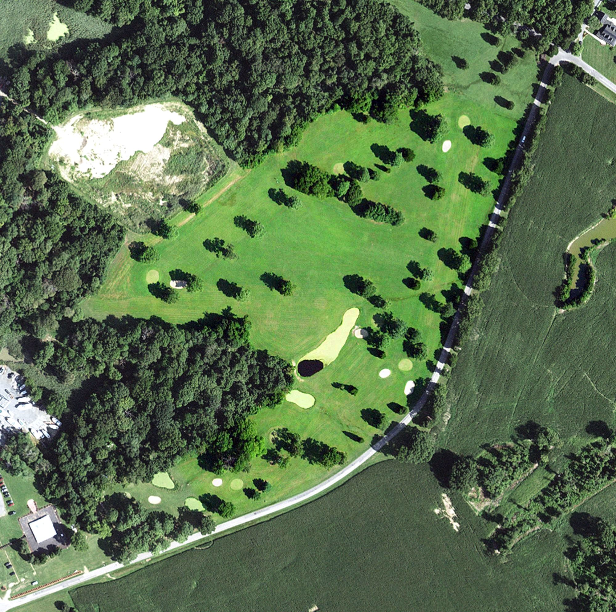 Aerial view of Mears Great Oak Landing Marina, MD, with its hole routing marked
