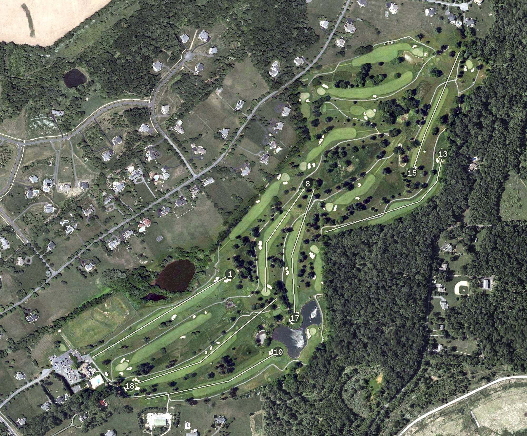 Aerial view of Montgomery Country Club, MD, with its hole routing marked