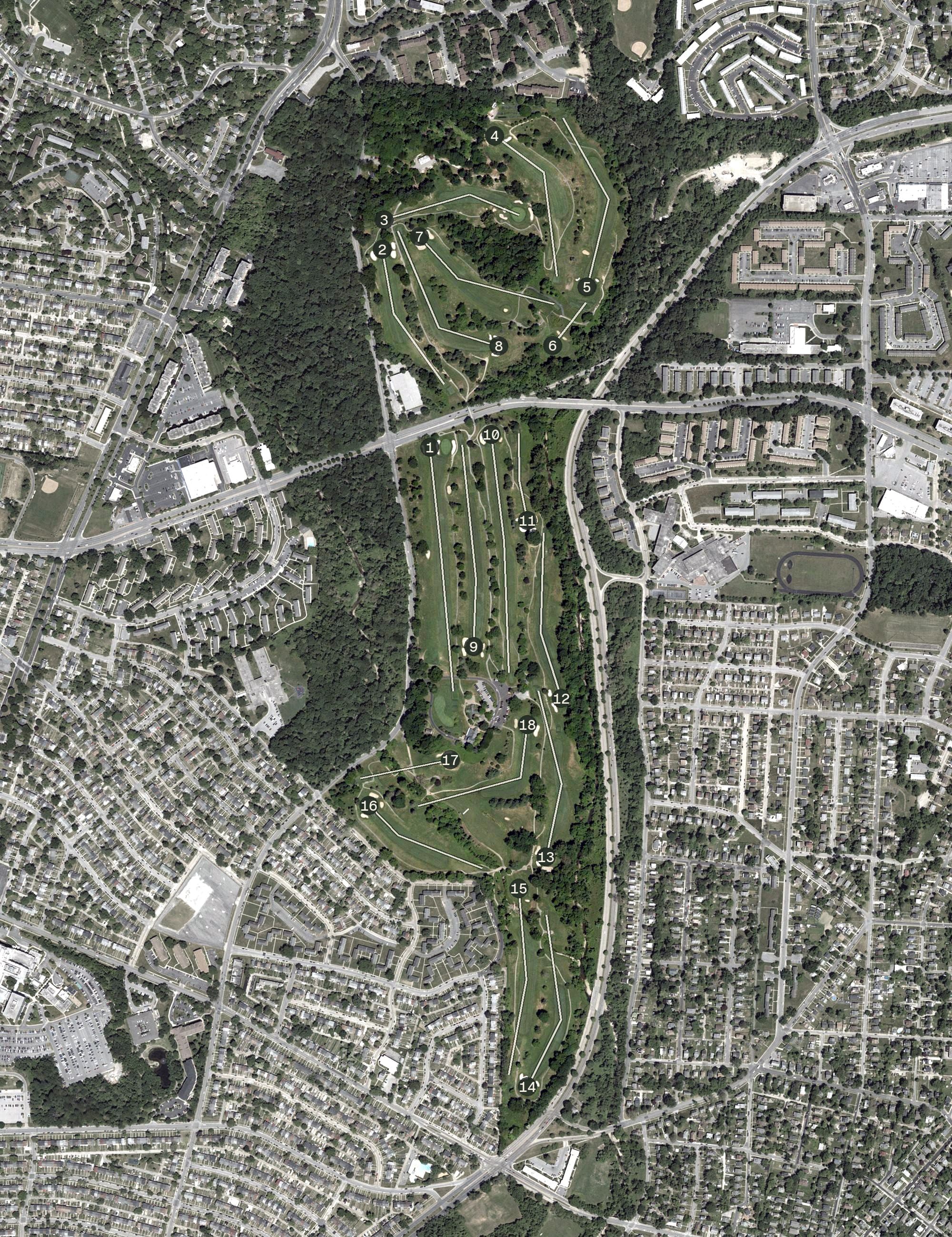 Aerial view of Mount Pleasant Golf Course, MD, with its hole routing marked