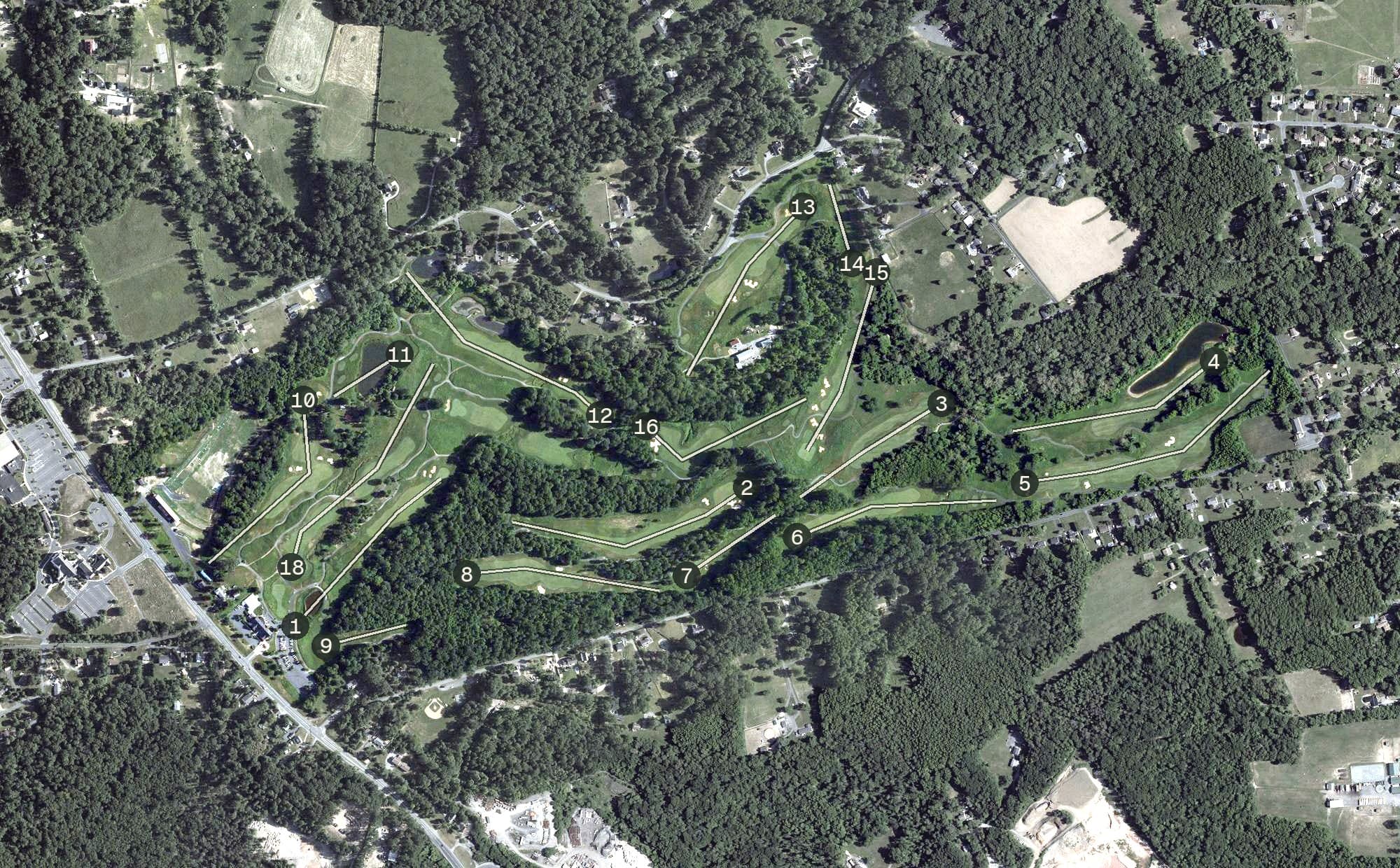 Aerial view of Mountain Branch Golf Course, MD, with its hole routing marked