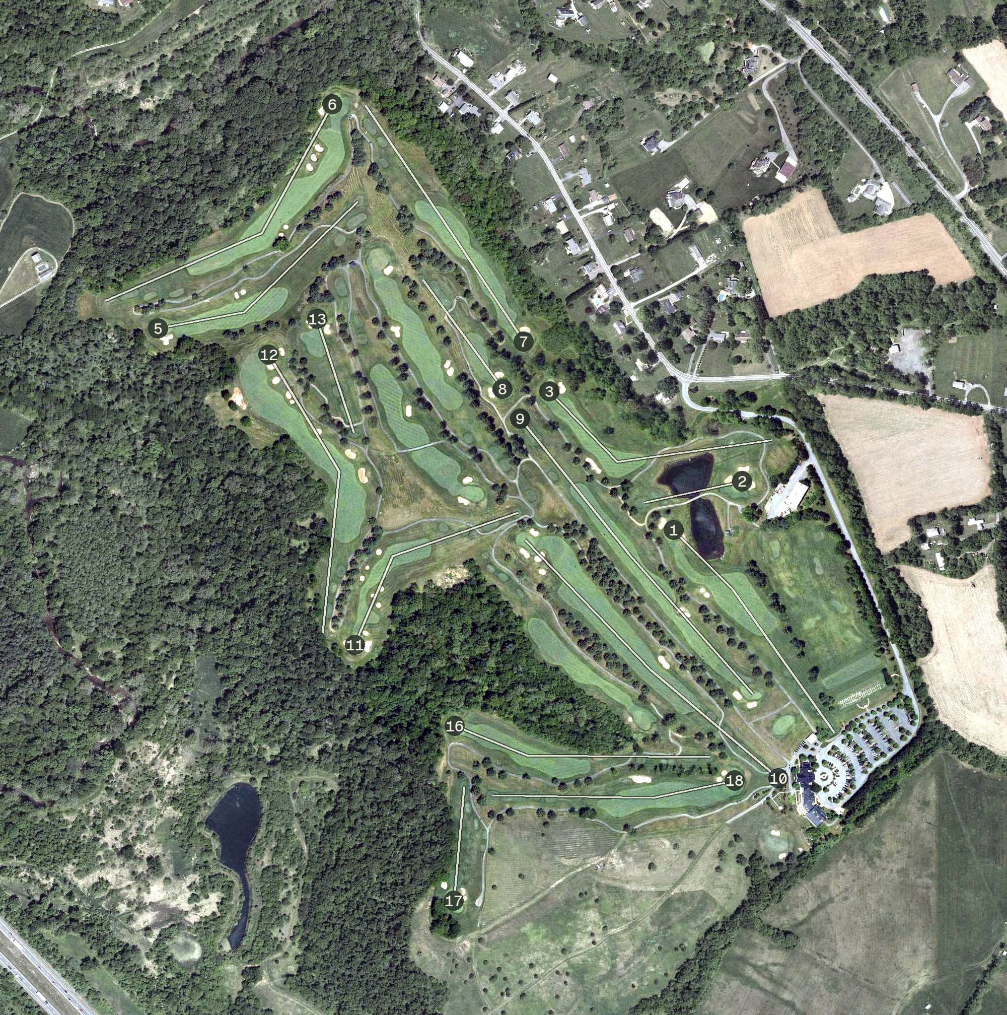 Aerial view of Musket Ridge Golf Course, MD, with its hole routing marked