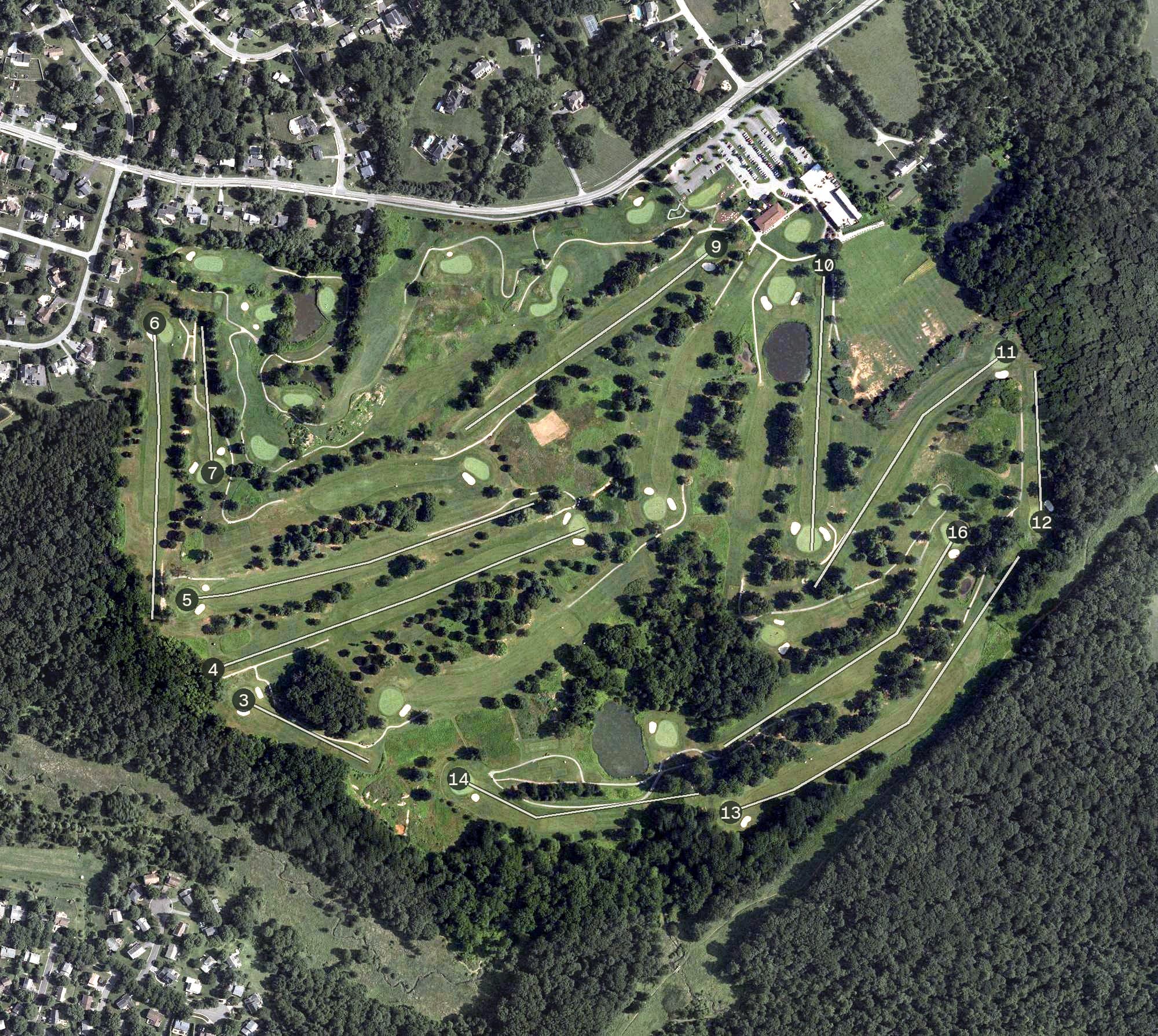 Aerial view of Needwood Golf Course, MD, with its hole routing marked