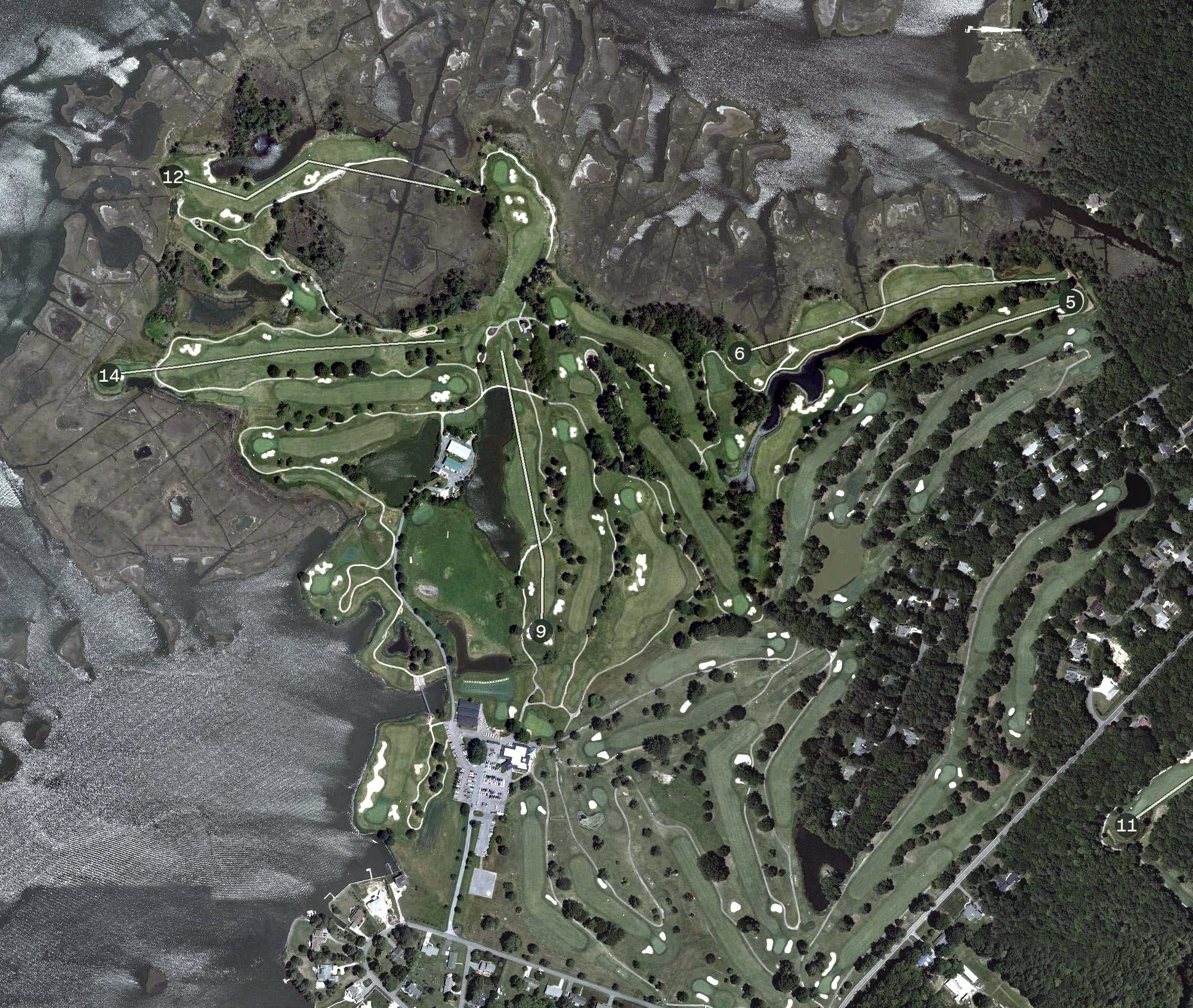 Aerial view of Newport Bay, MD, with its hole routing marked