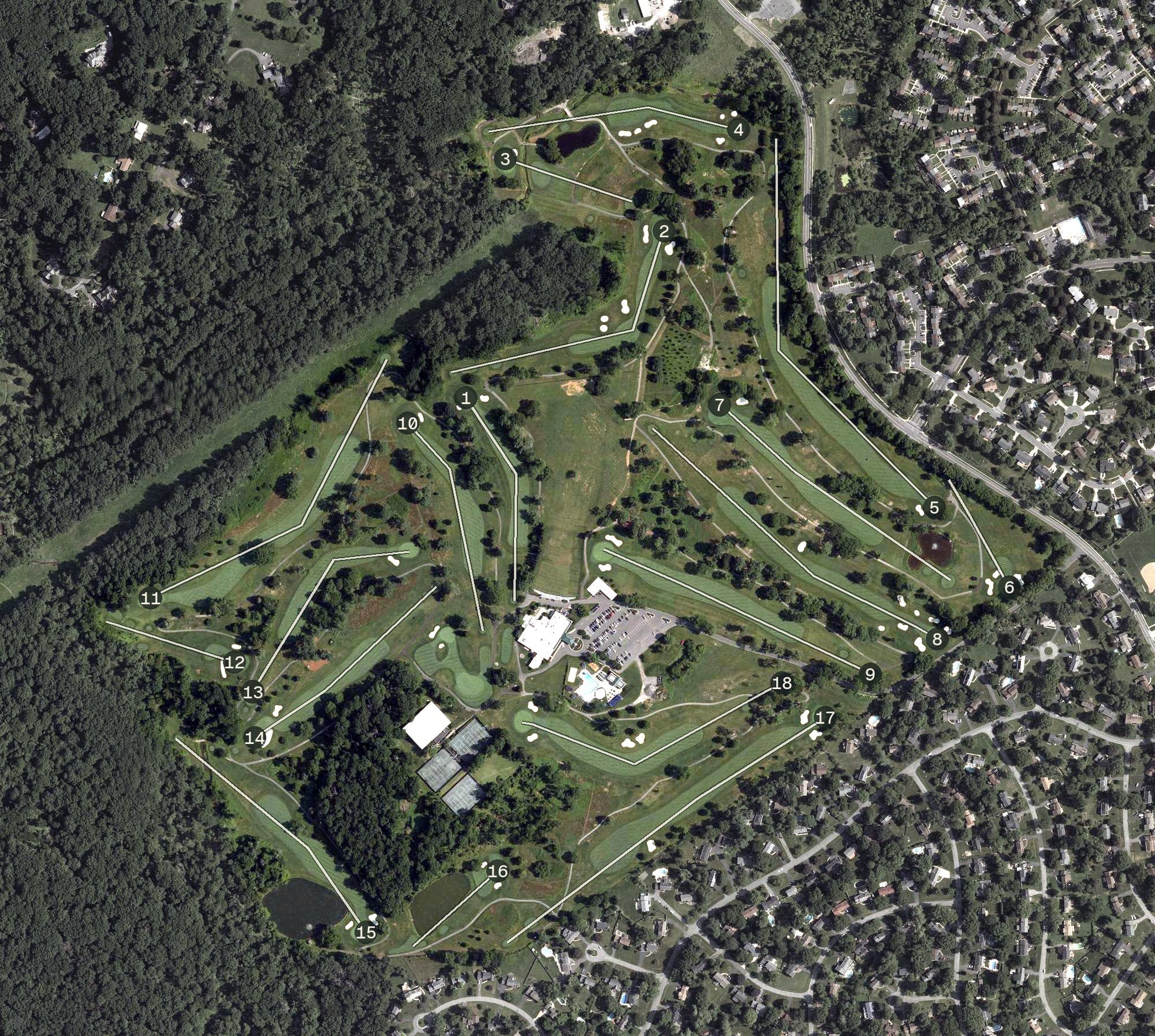 Aerial view of Norbeck Country Club, MD, with its hole routing marked