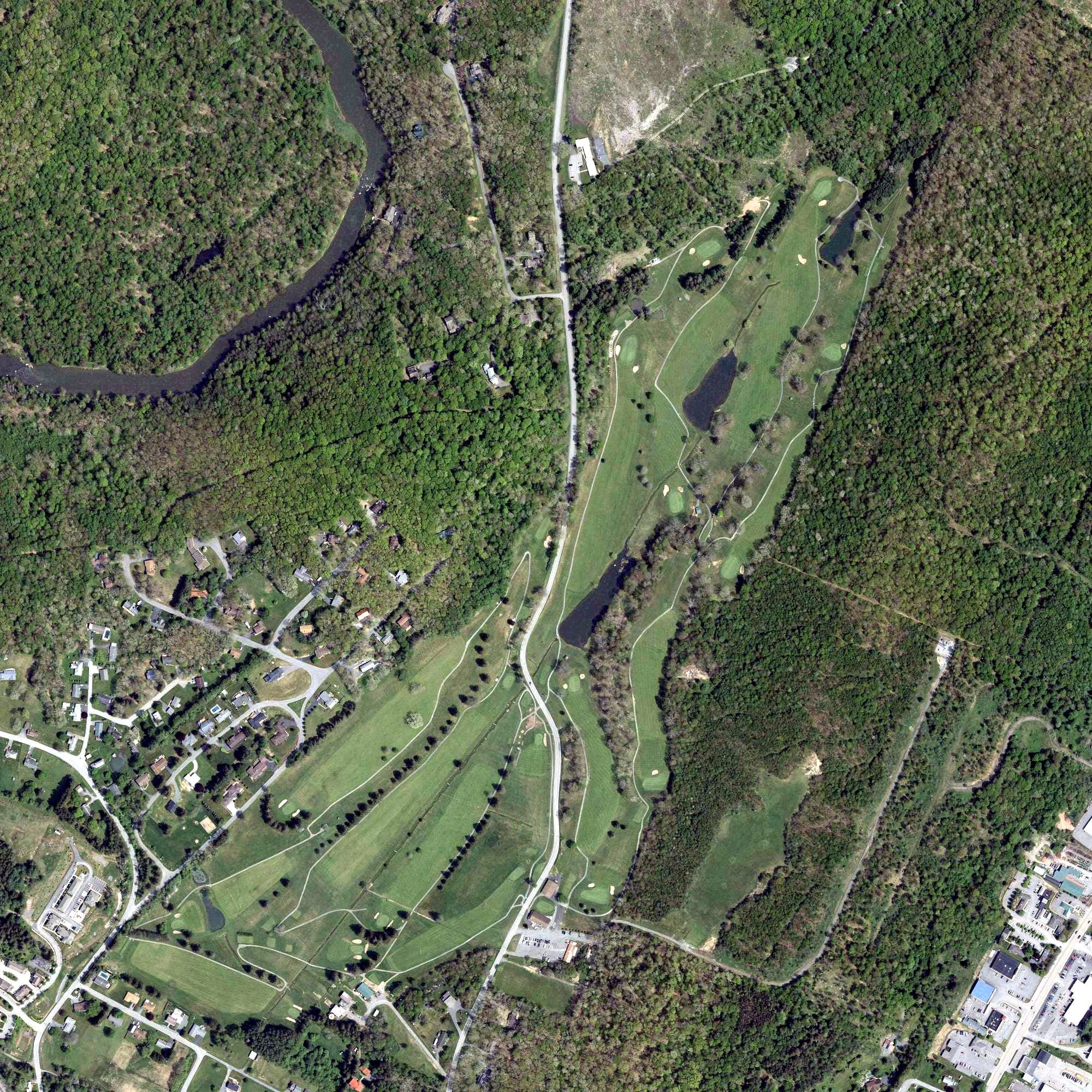 Aerial view of Oakland Golf Course, MD, with its hole routing marked