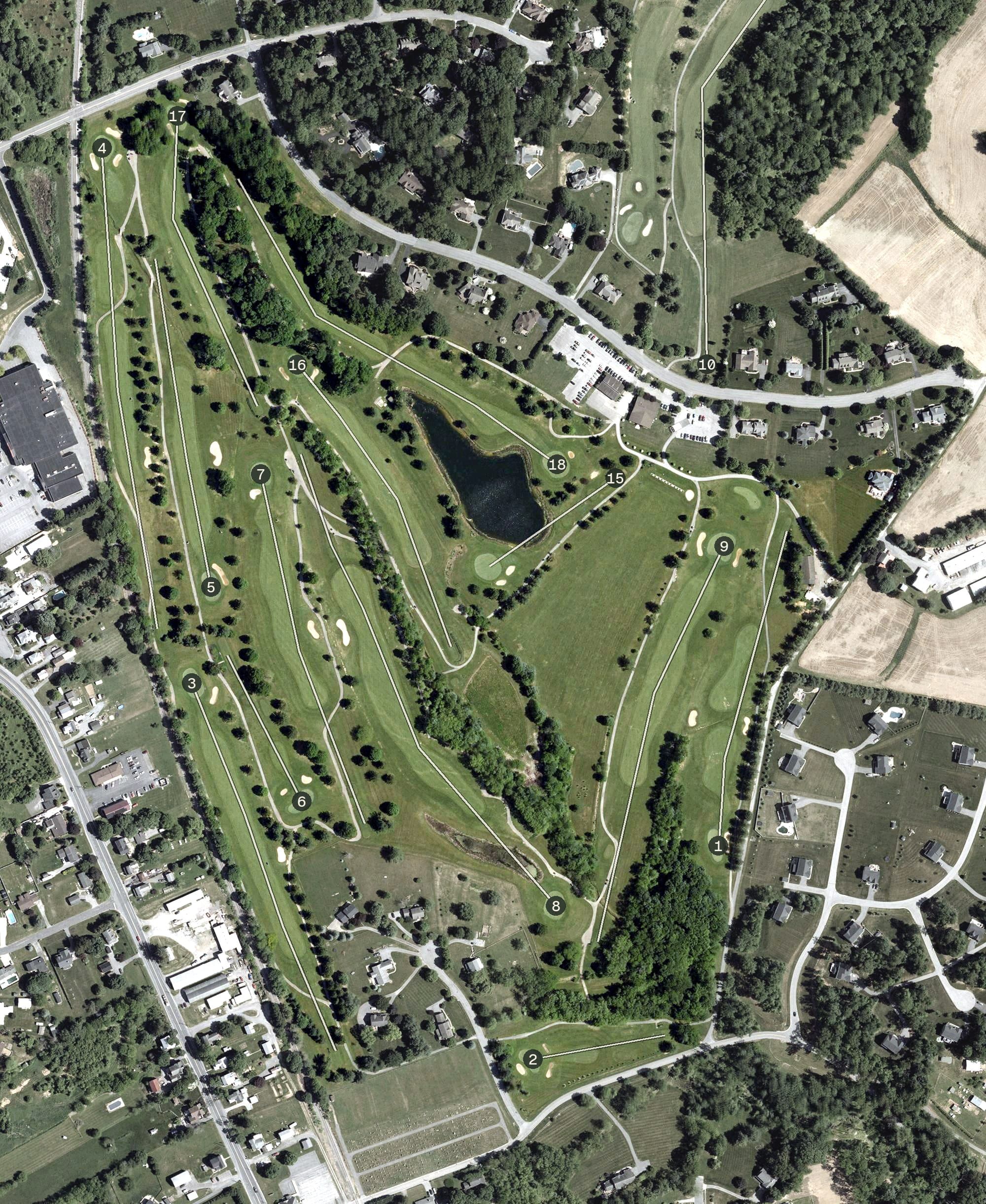 Aerial view of Oakmont Green Golf Course, MD, with its hole routing marked