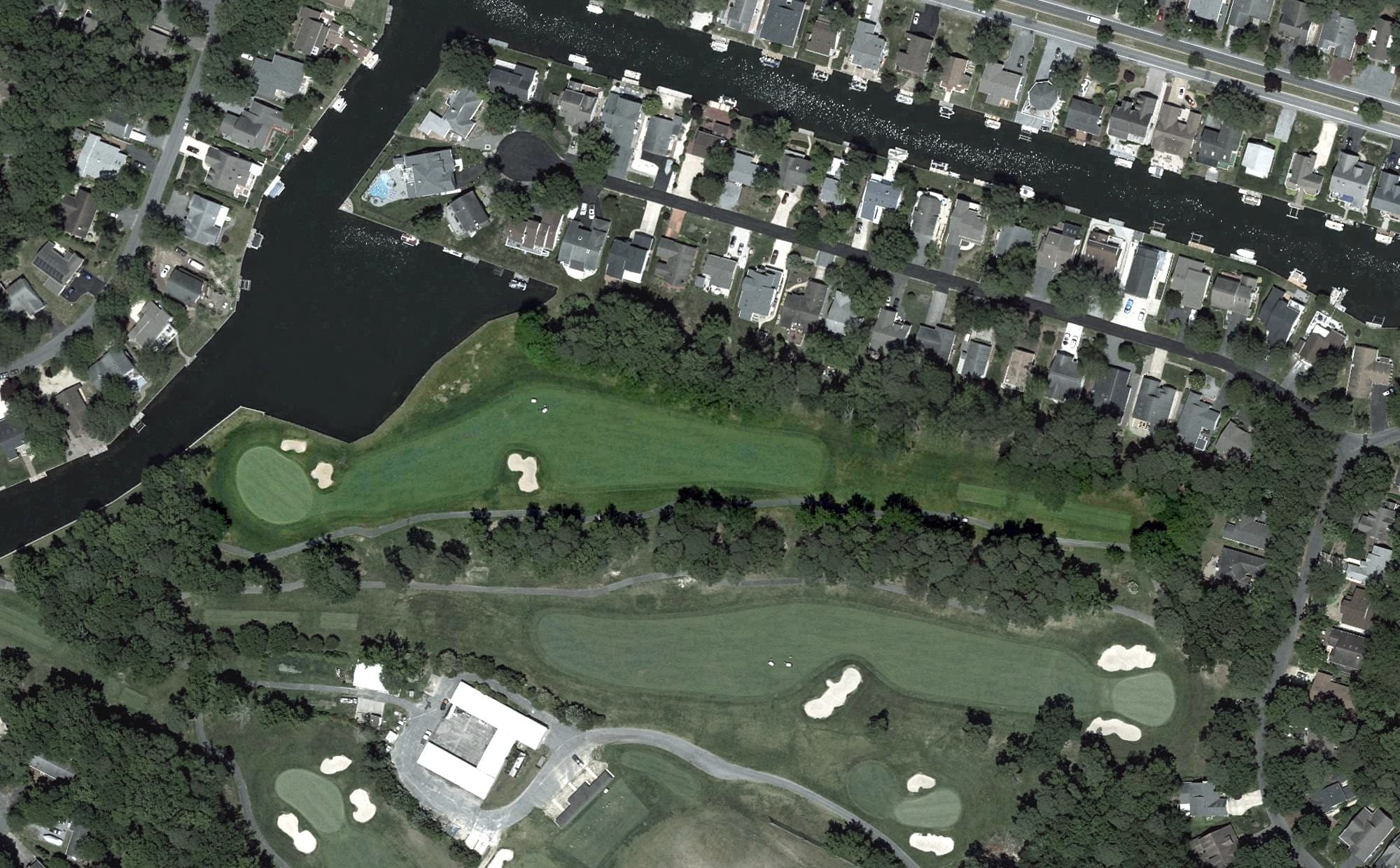 Aerial view of Ocean Pines Golf Course, MD, with its hole routing marked