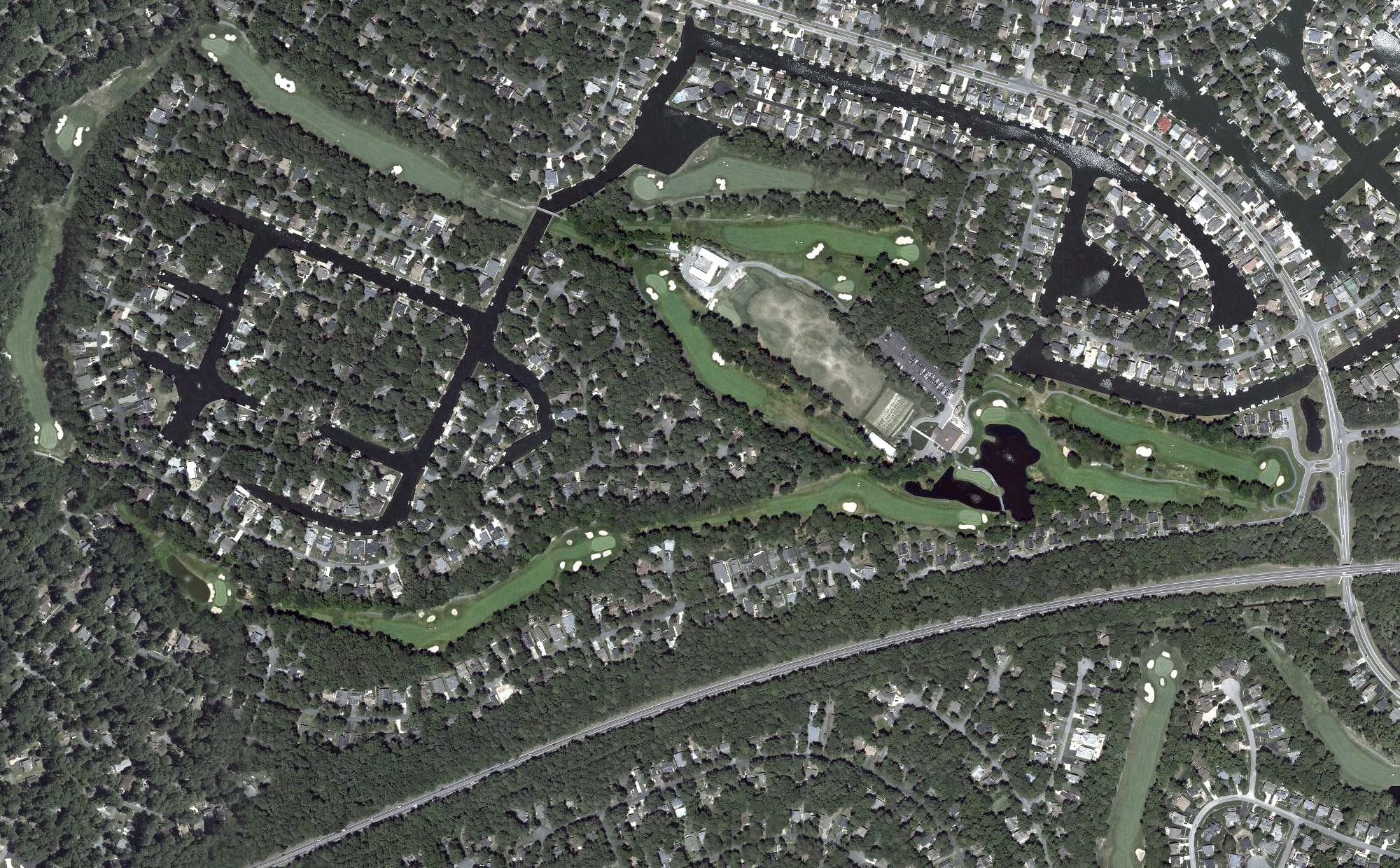 Aerial view of Ocean Pines Golf Course, MD, with its hole routing marked