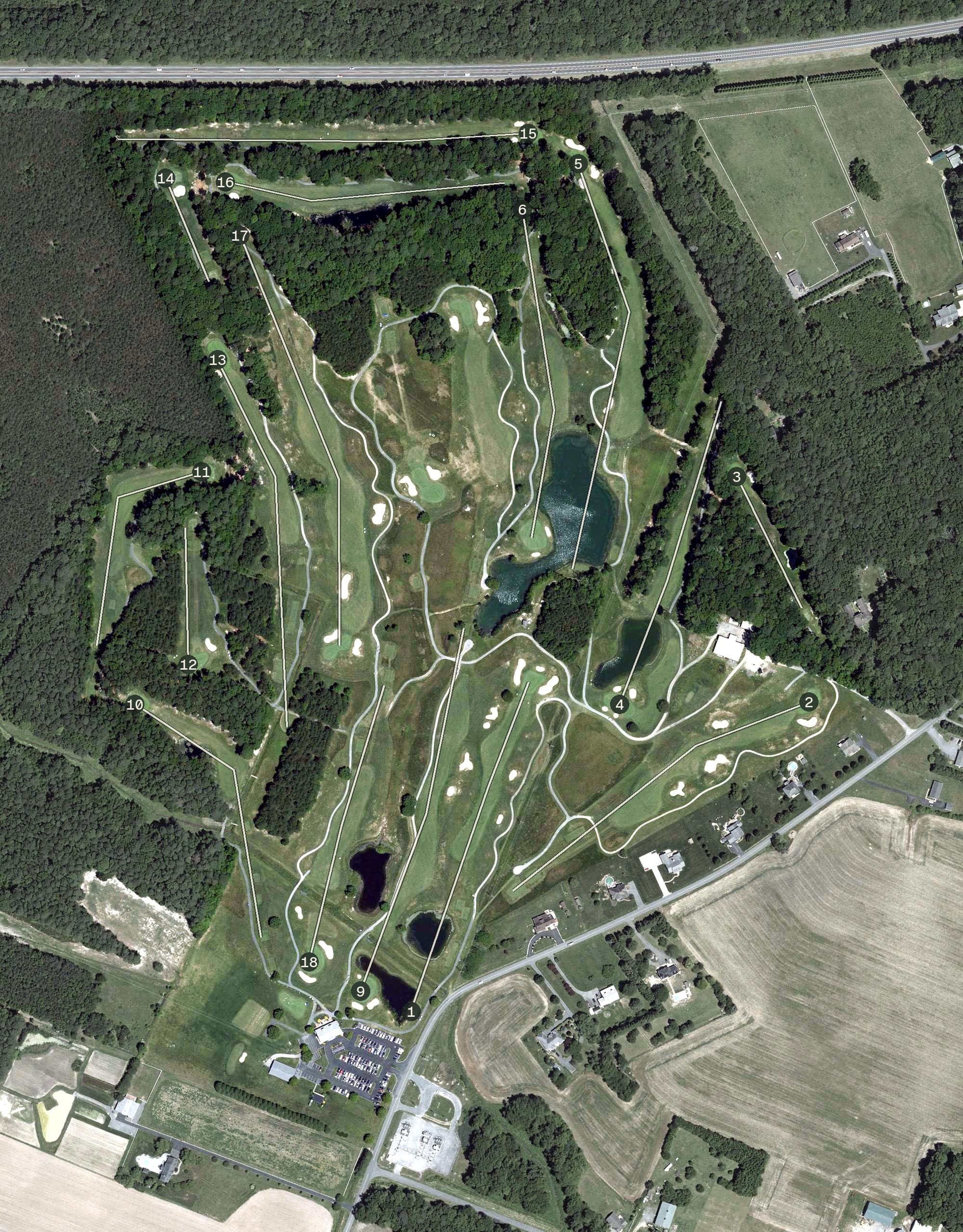 Aerial view of Ocean Resorts Golf Club, MD, with its hole routing marked