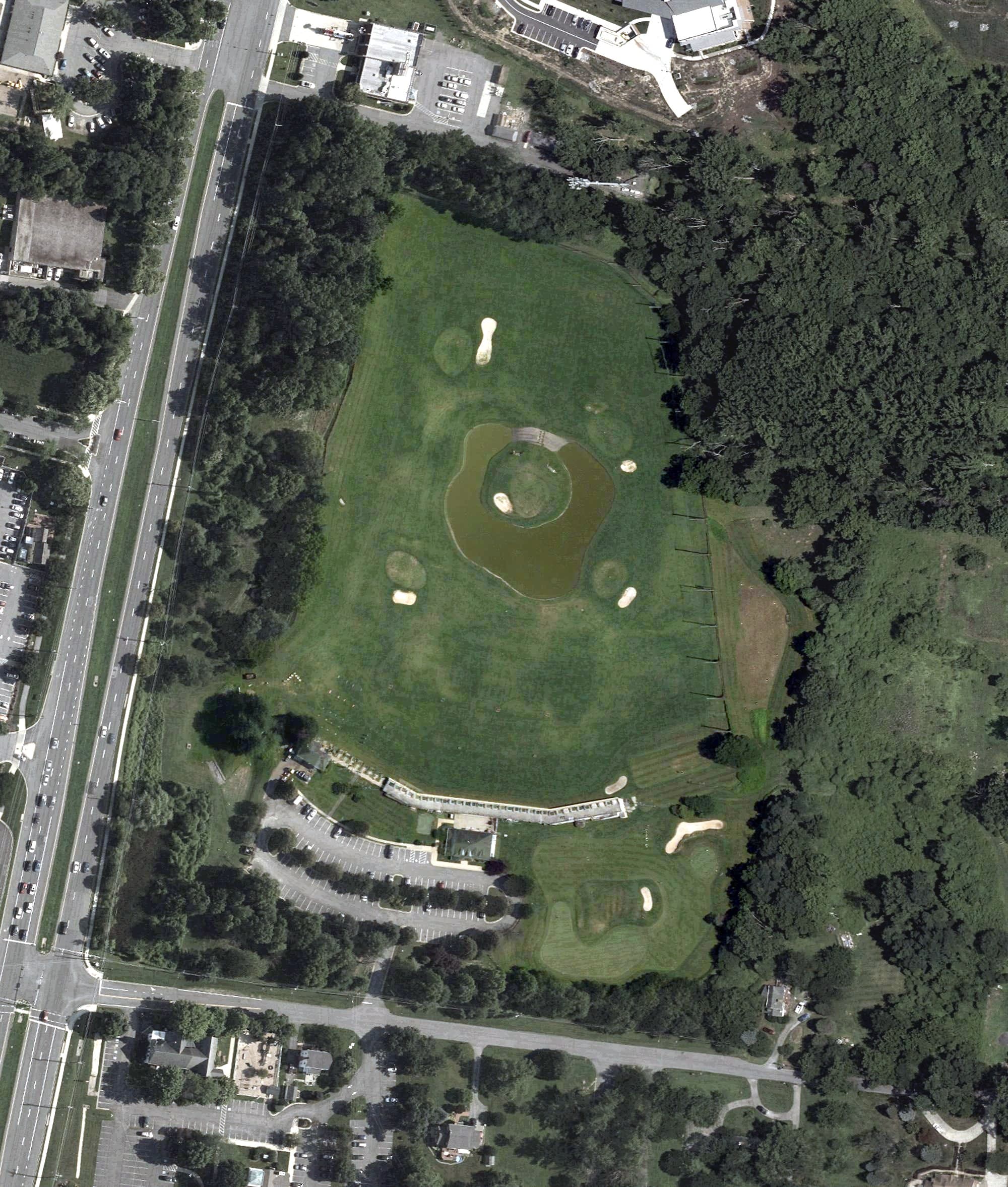 Aerial view of Olney Golf Park, MD, with its hole routing marked