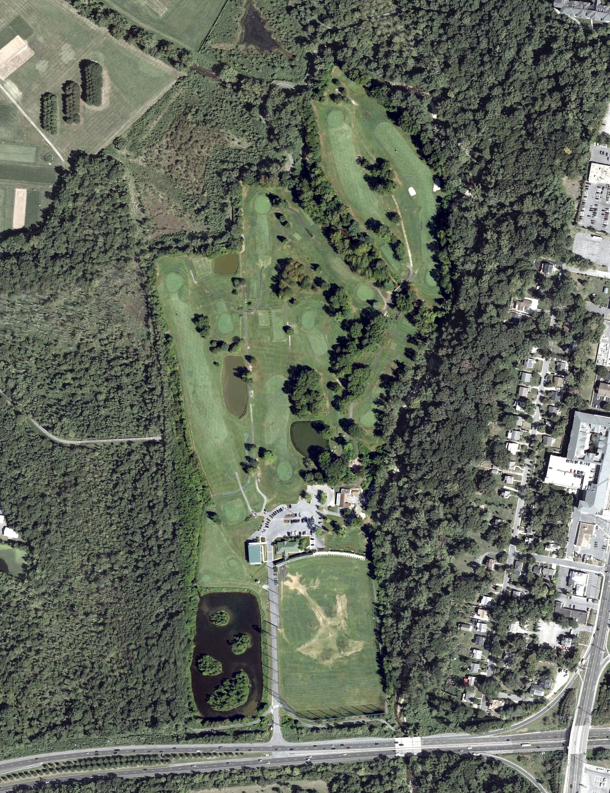 Aerial view of Paint Branch Golf Complex, MD, with its hole routing marked