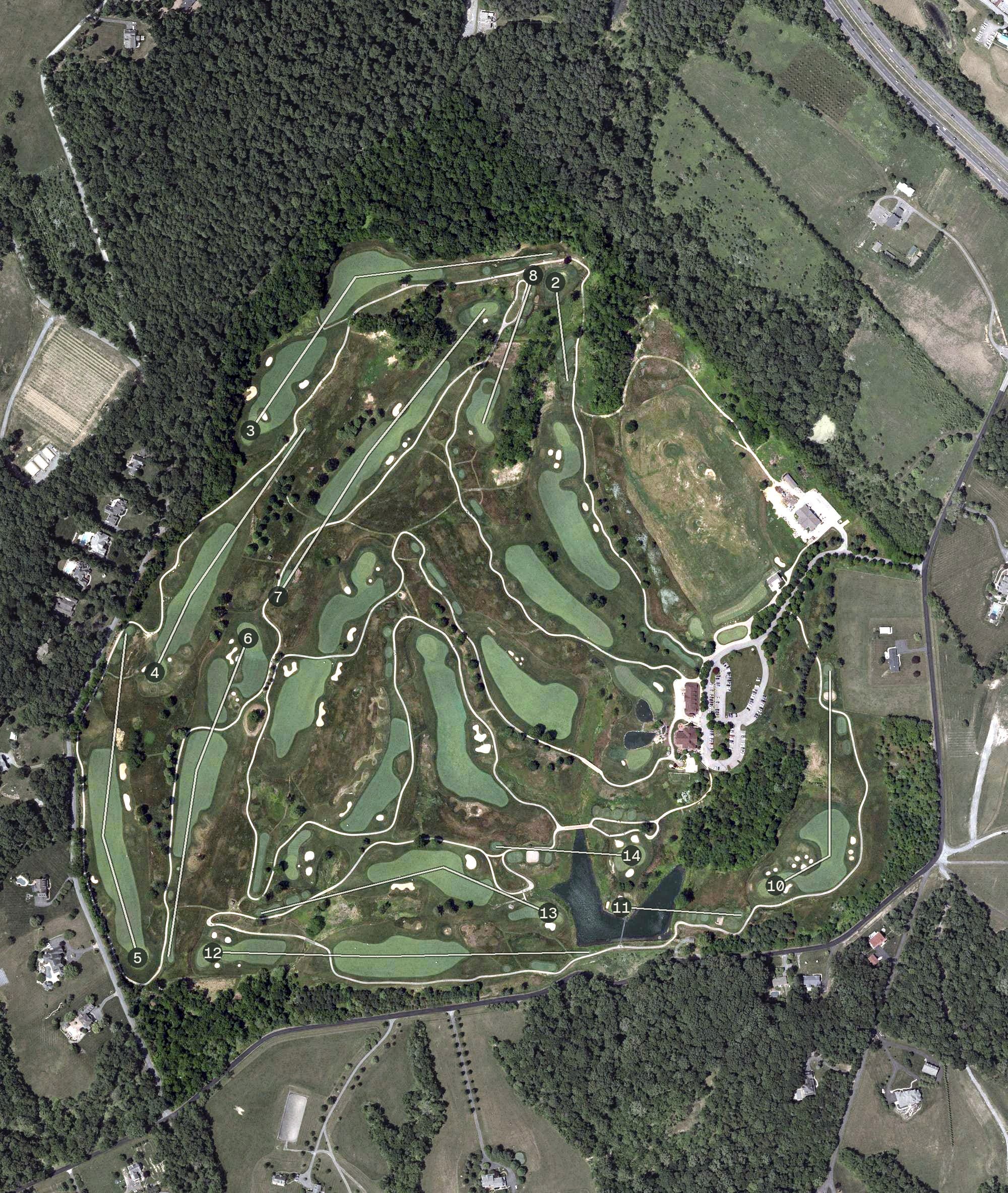 Aerial view of PB Dye Golf Club, MD, with its hole routing marked