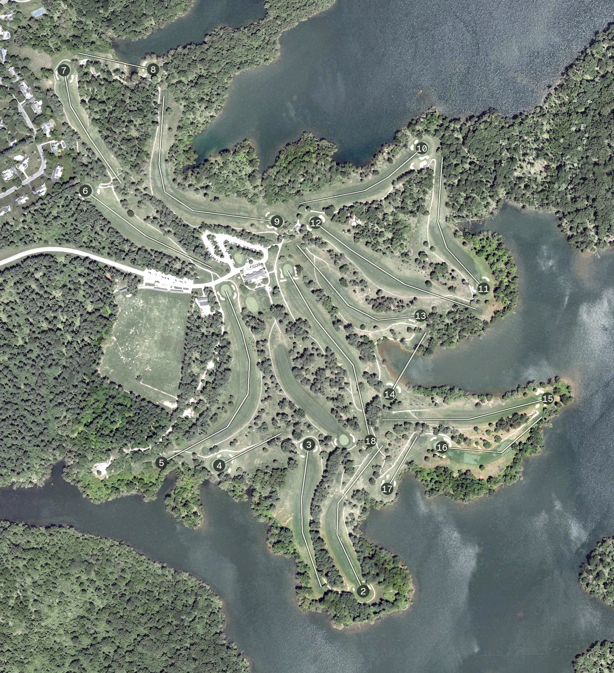 Aerial view of Pine Ridge Golf Course, MD, with its hole routing marked