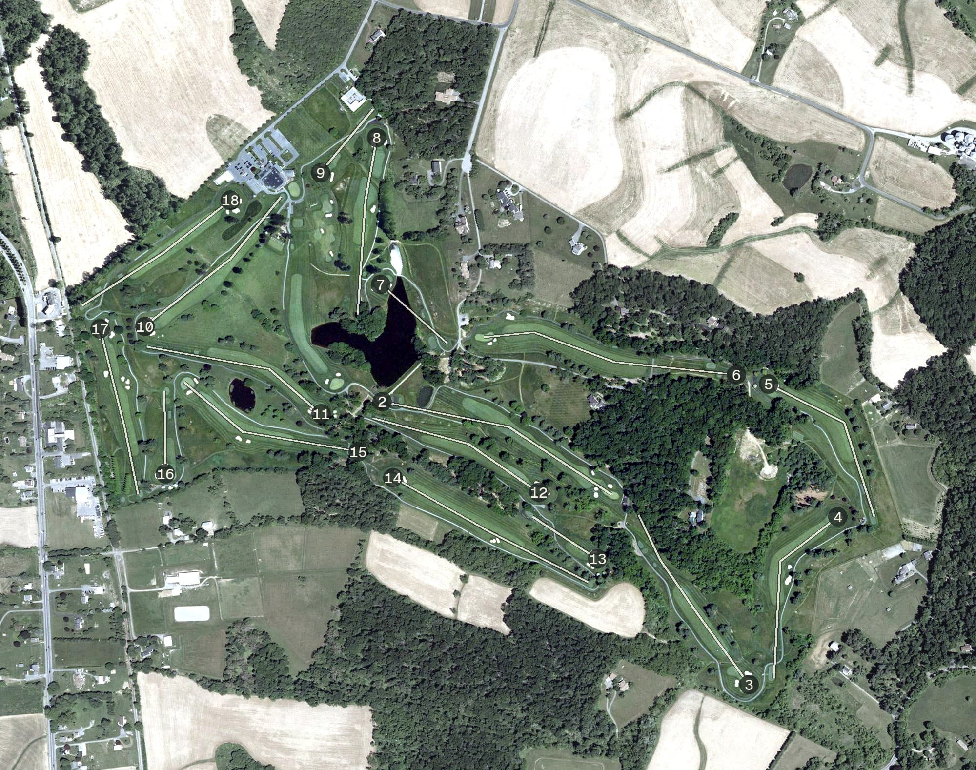Aerial view of Piney Branch Golf Club, MD, with its hole routing marked