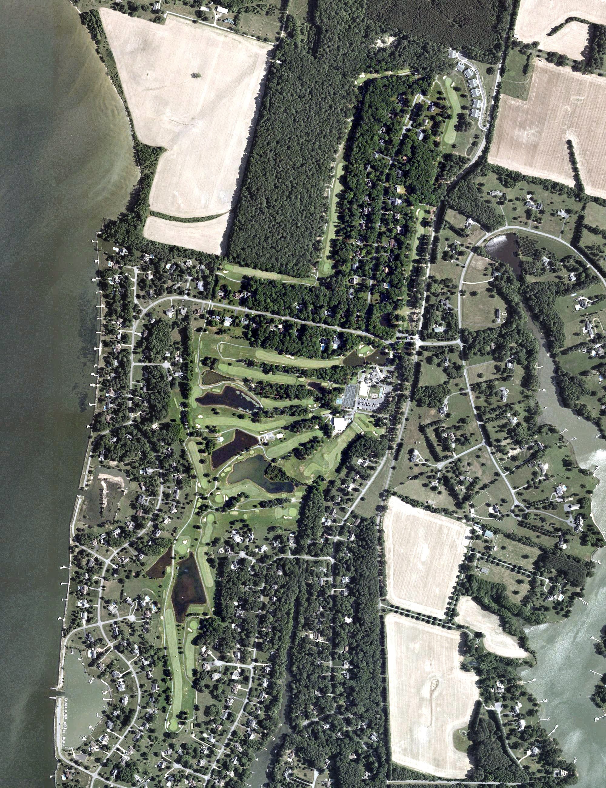 Aerial view of Prospect Bay Country Club, MD, with its hole routing marked