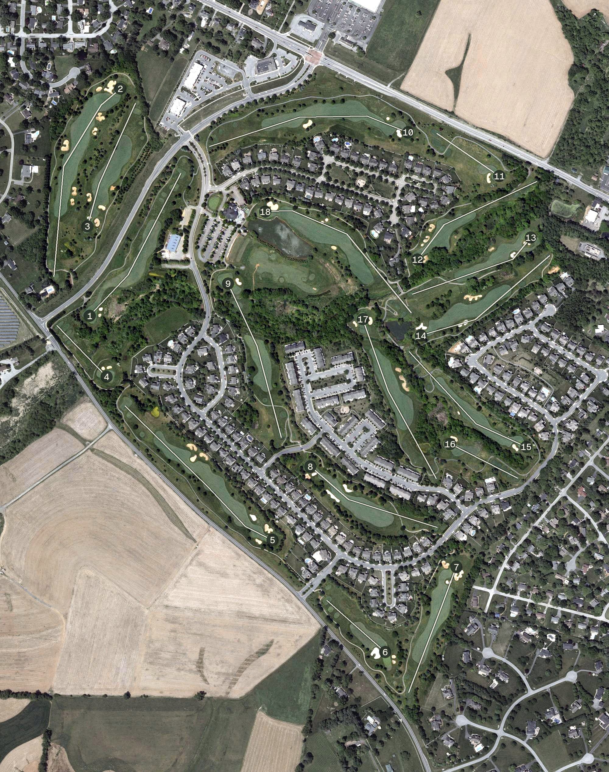 Aerial view of Richland Golf Club, MD, with its hole routing marked