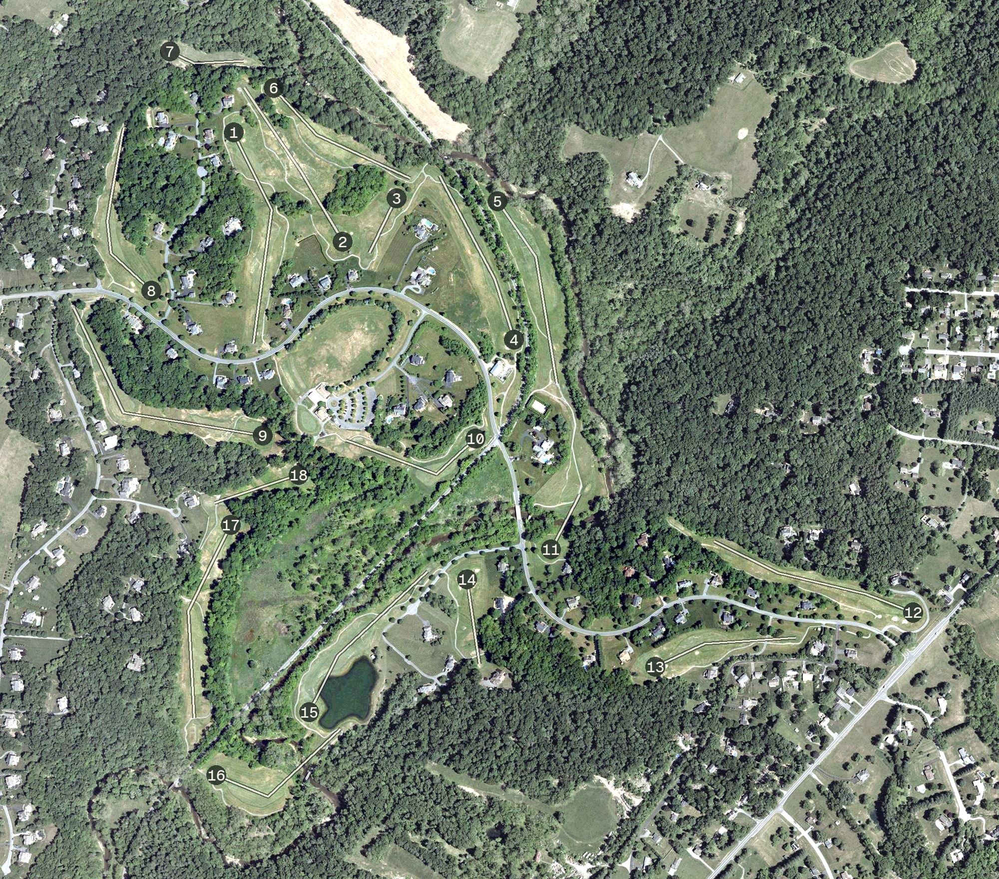 Aerial view of River Downs Golf Club, MD, with its hole routing marked