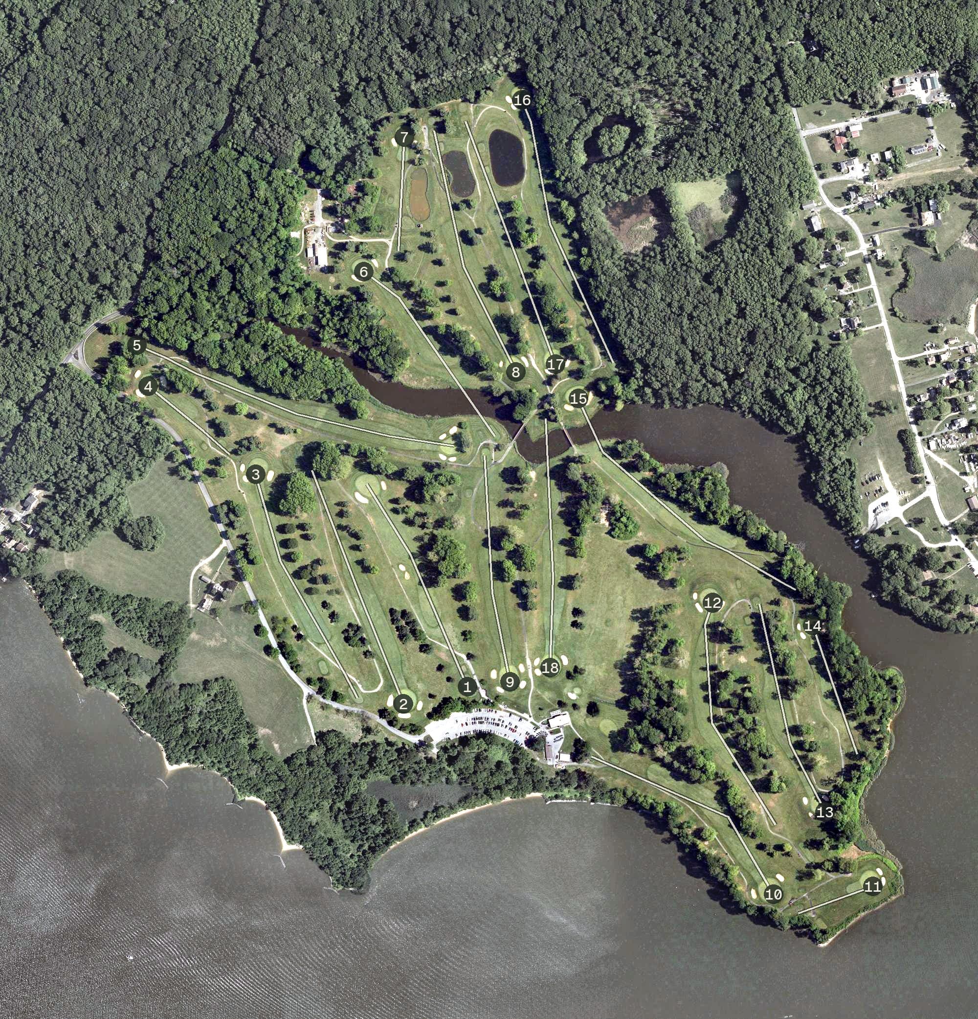 Aerial view of Rocky Point Golf Course, MD, with its hole routing marked