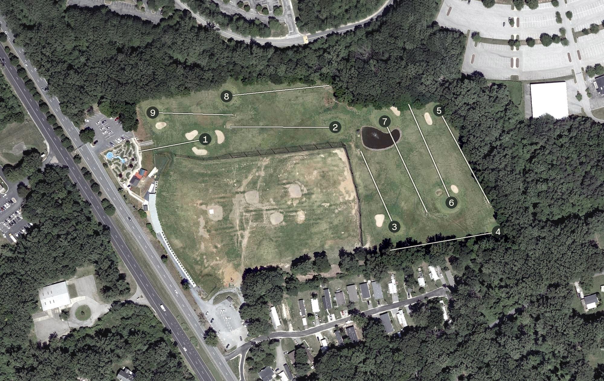 Aerial view of Severna Park Golf Center, MD, with its hole routing marked