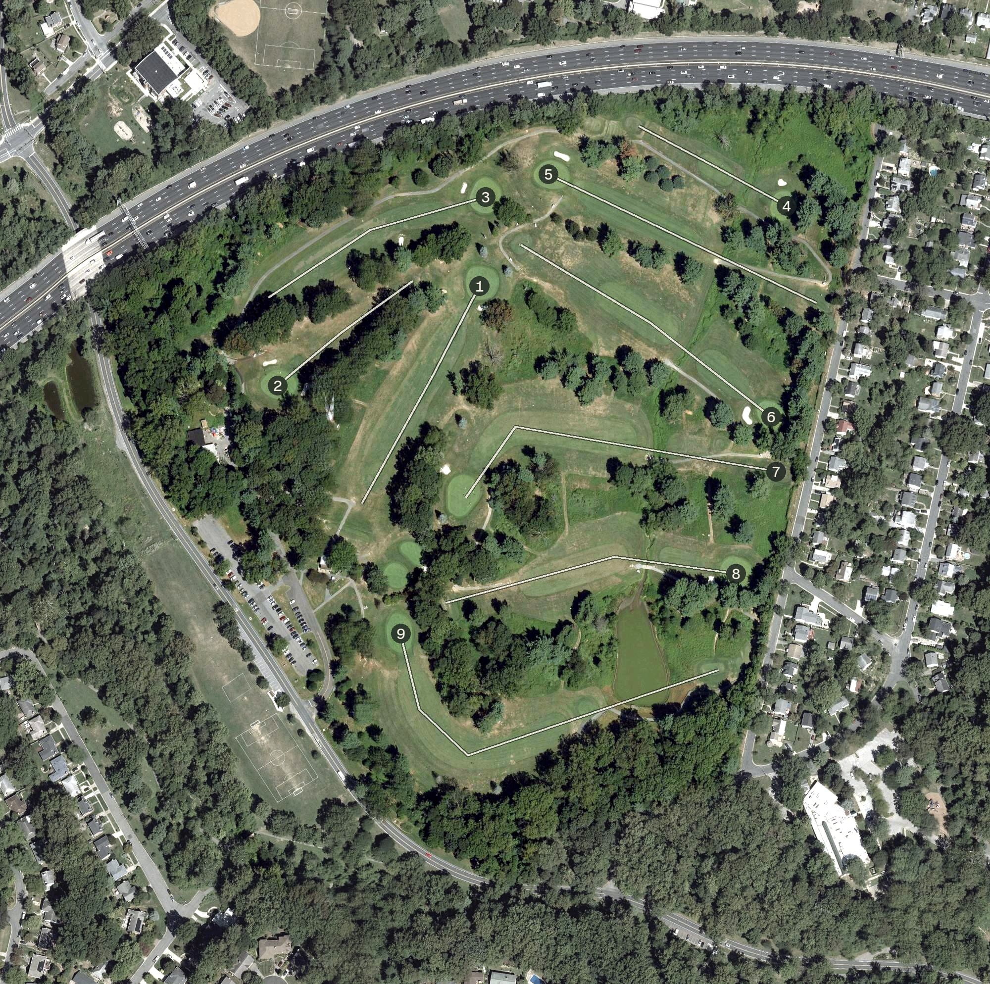 Aerial view of Sligo Golf Course, MD, with its hole routing marked