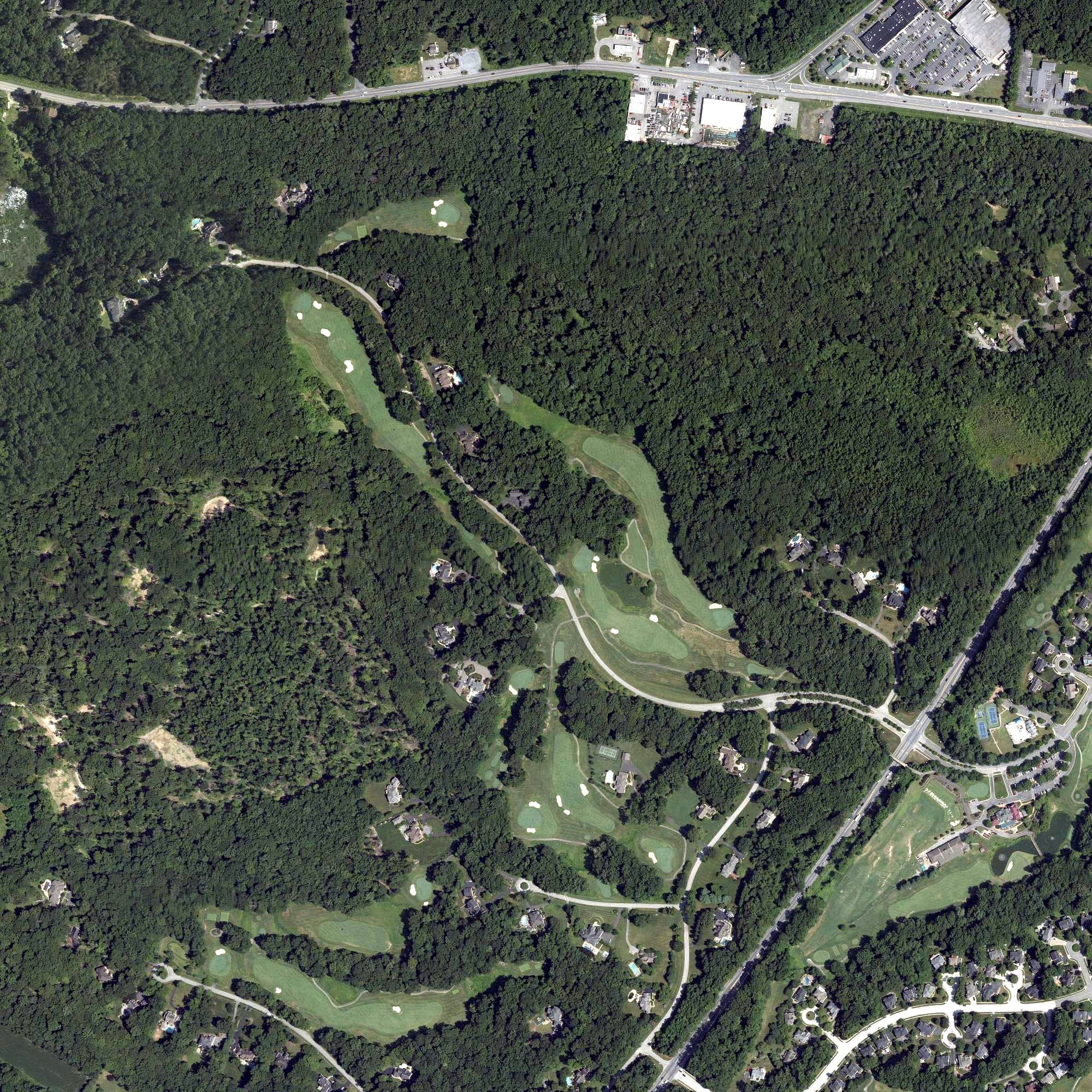 Aerial view of South River Golf Course, MD, with its hole routing marked