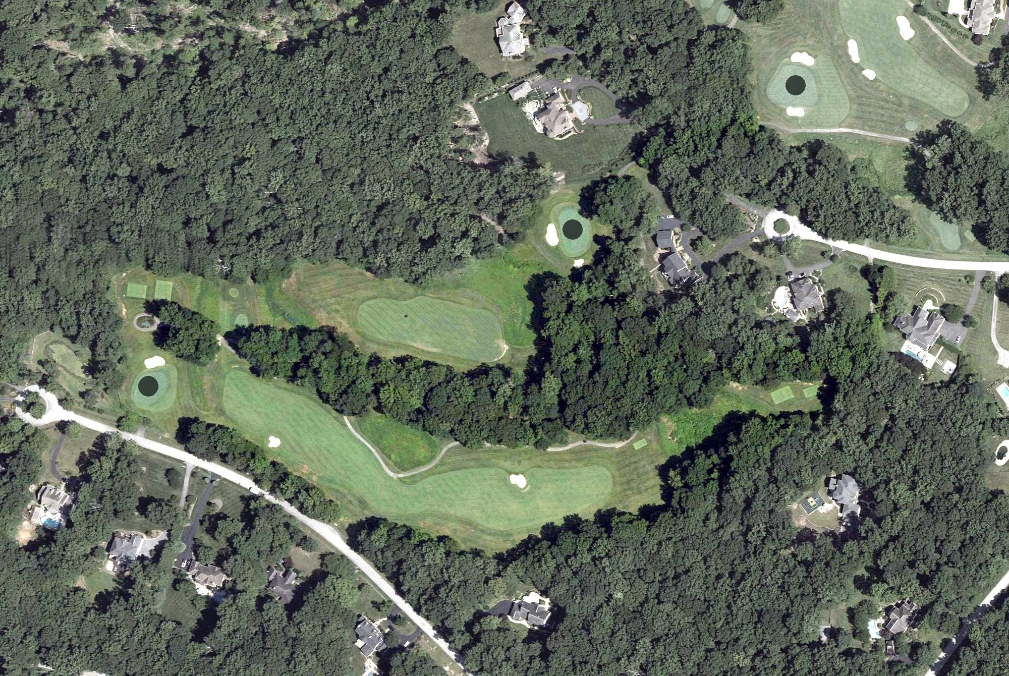 Aerial view of South River Golf Course, MD, with its hole routing marked