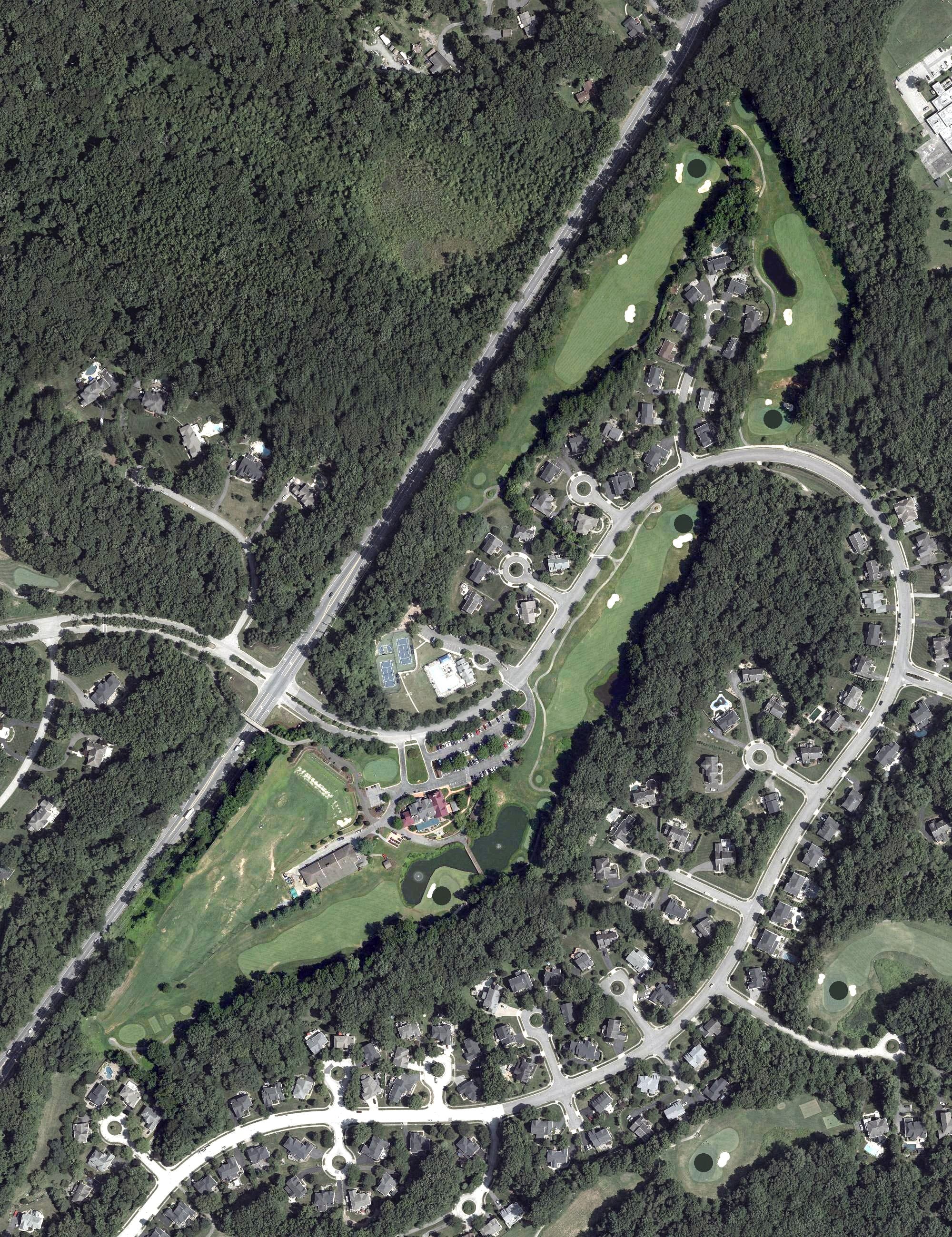 Aerial view of South River Golf Course, MD, with its hole routing marked