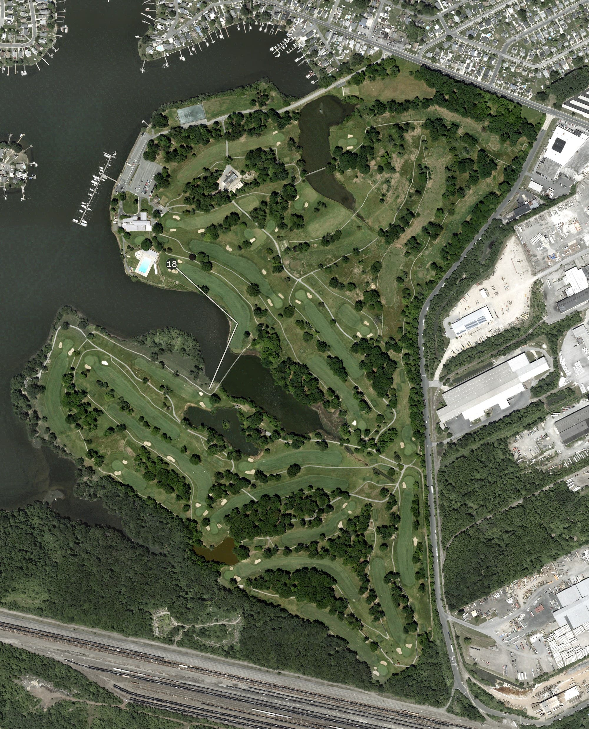 Aerial view of Sparrows Point Country Club, MD, with its hole routing marked