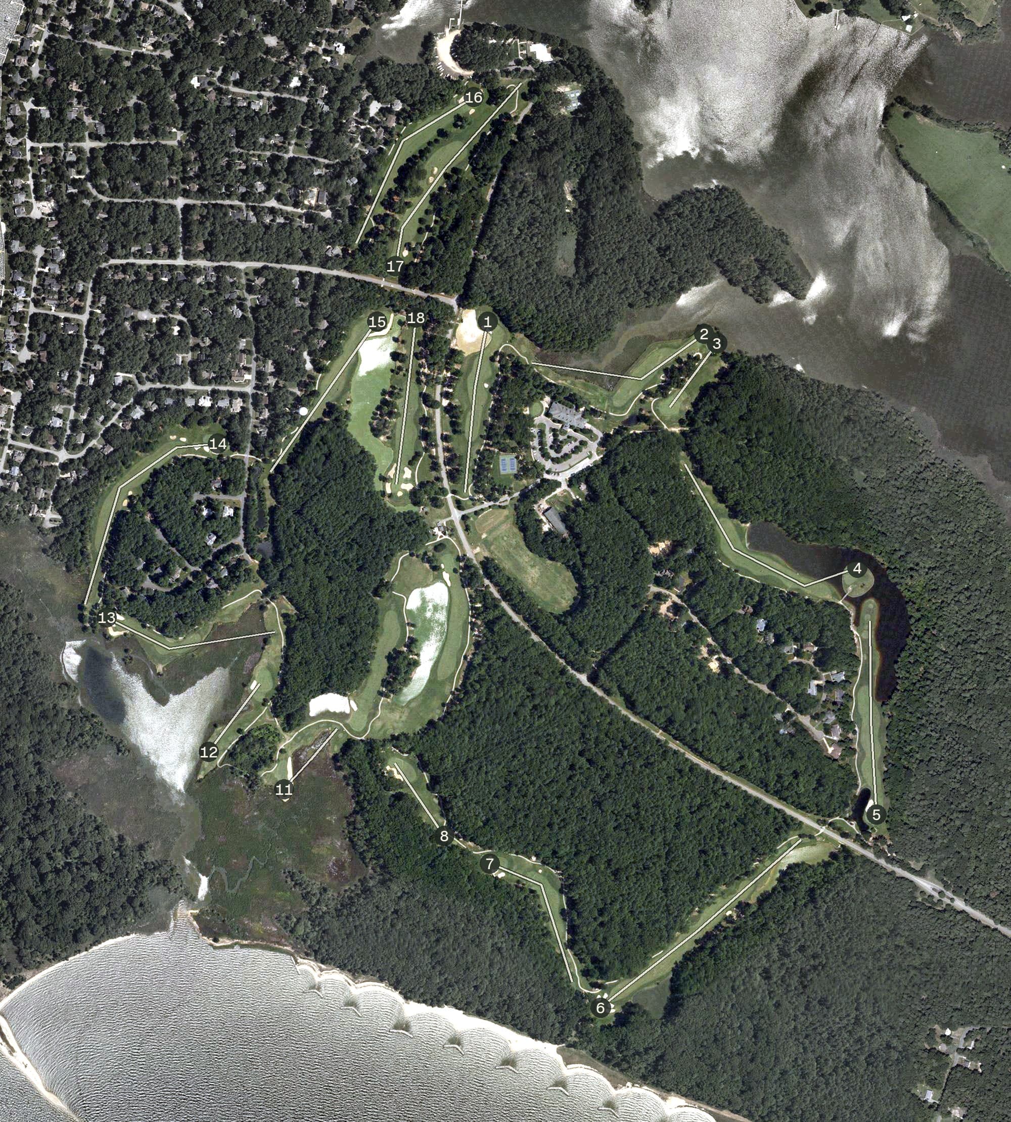 Aerial view of Swan Point Yacht & Country Club, MD, with its hole routing marked