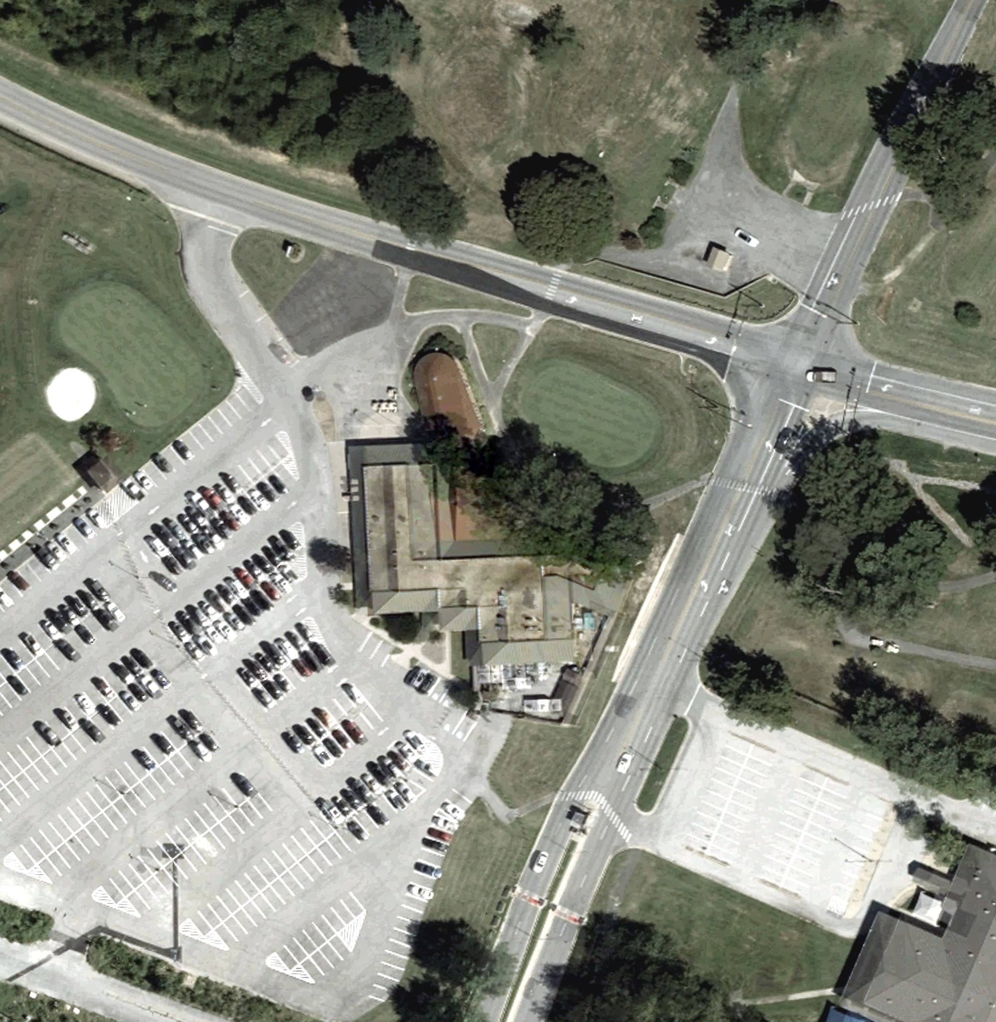Aerial view of The Courses at Andrews, MD, with its hole routing marked