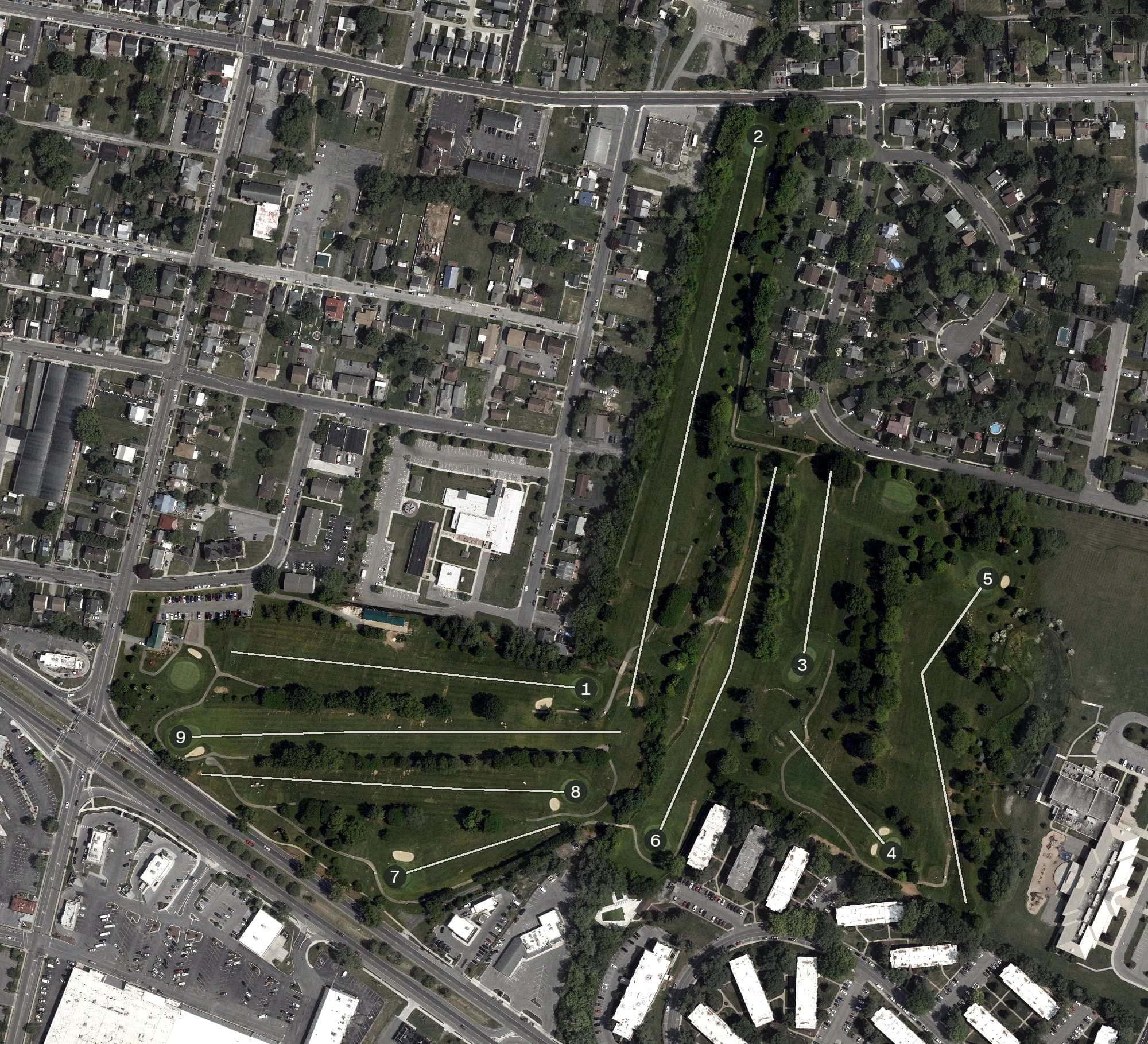 Aerial view of The Greens at Hamilton Run, MD, with its hole routing marked