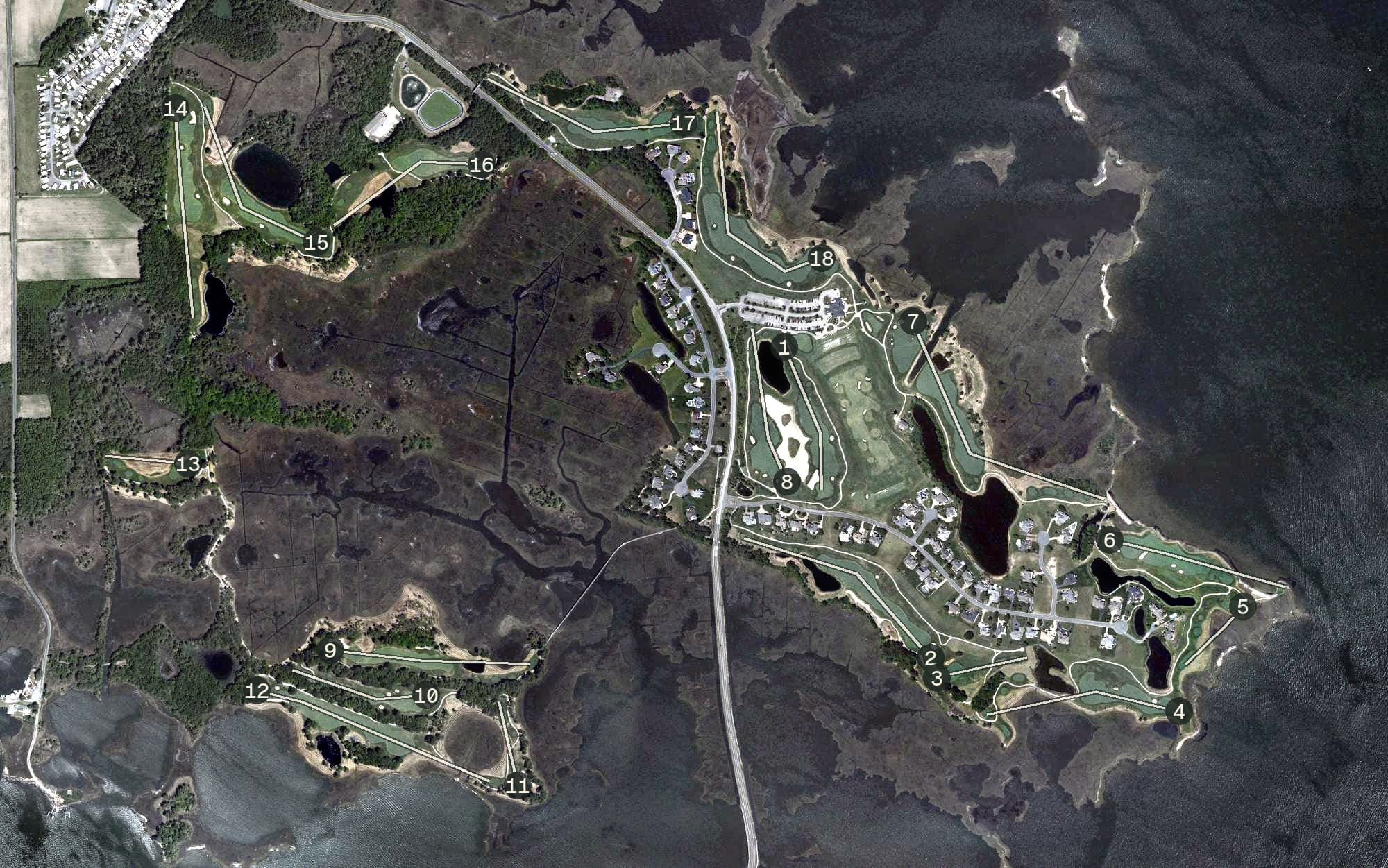 Aerial view of The Links at Lighthouse Sound, MD, with its hole routing marked