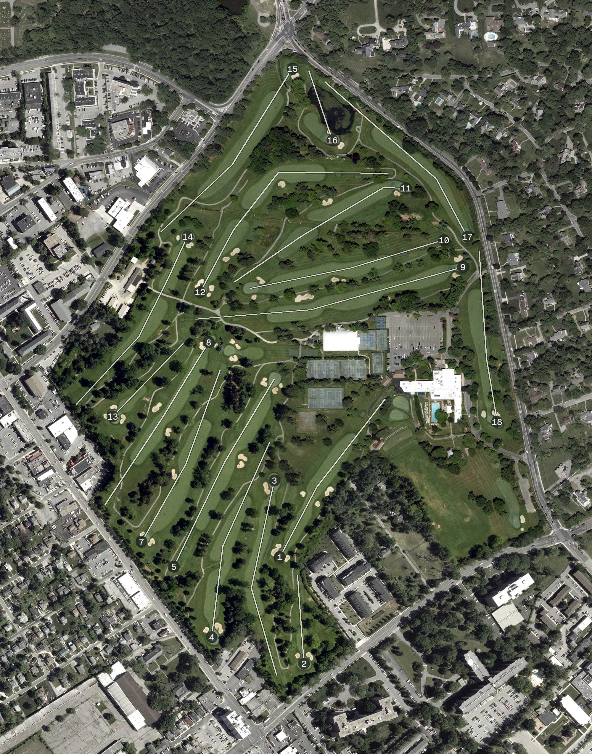 Aerial view of The Suburban Club, MD, with its hole routing marked