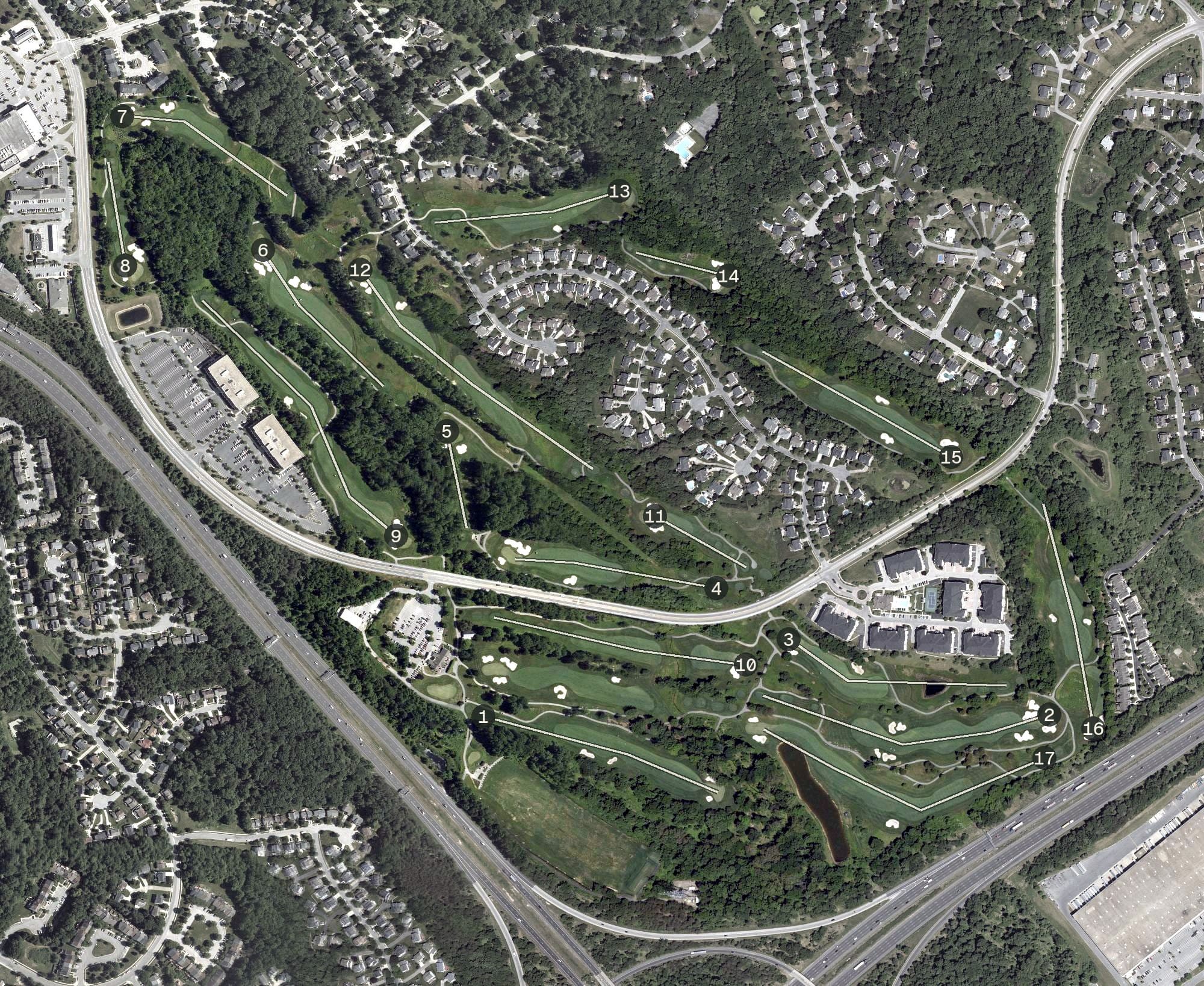 Aerial view of Timbers at Troy Golf Course, MD, with its hole routing marked