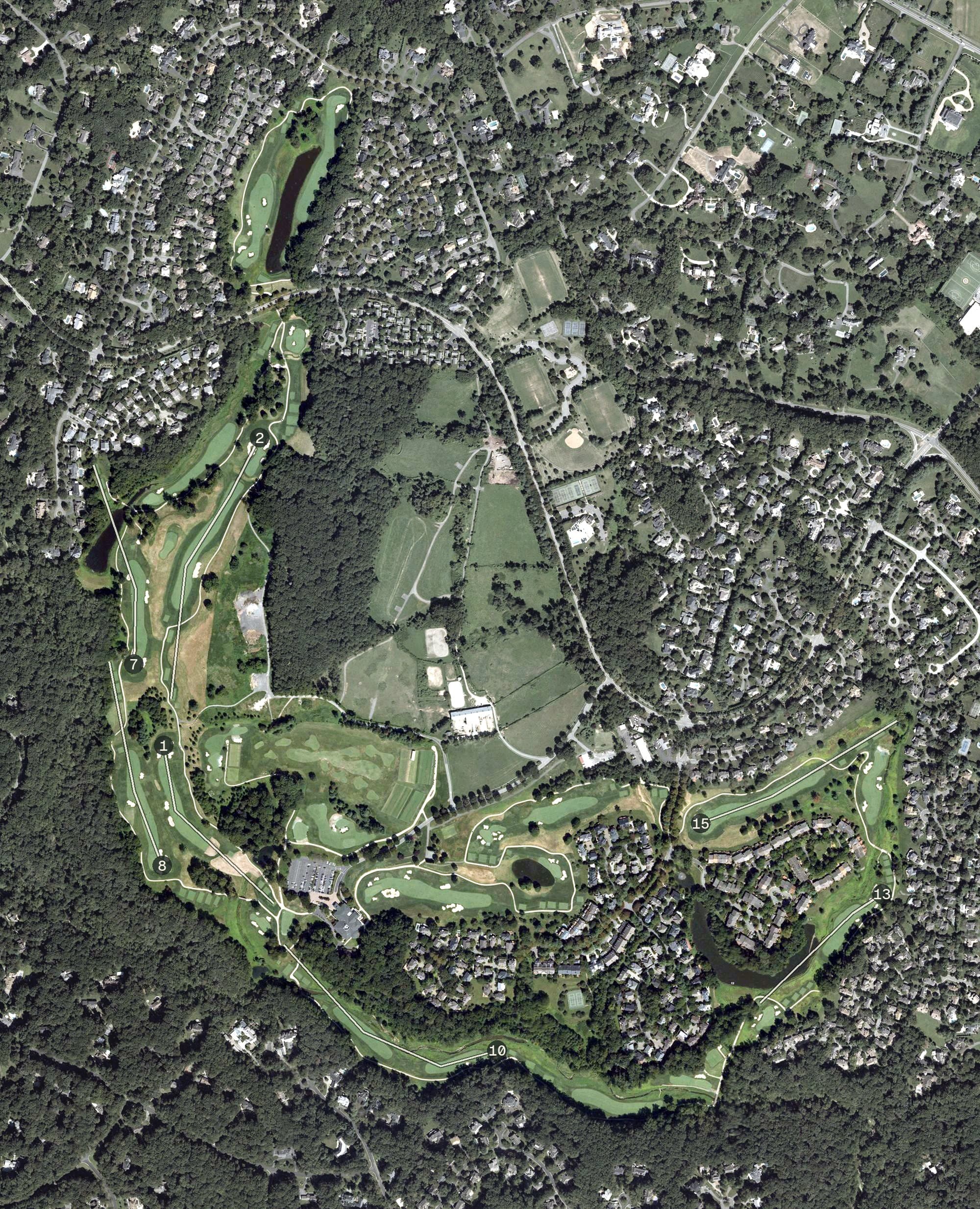Aerial view of TPC Potomac at Avanel Farm, MD, with its hole routing marked