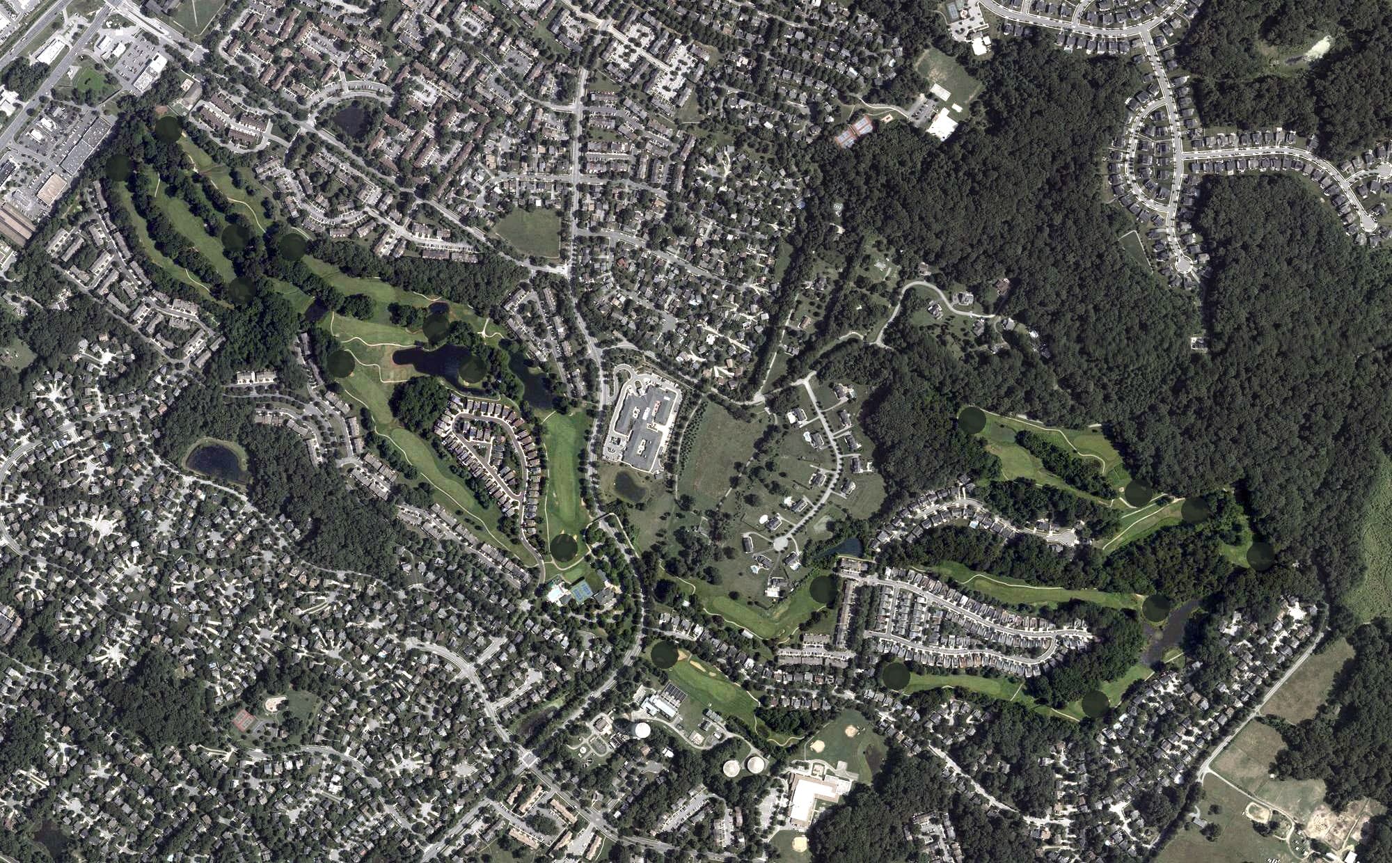 Aerial view of Walden Golf & Country Club, MD, with its hole routing marked