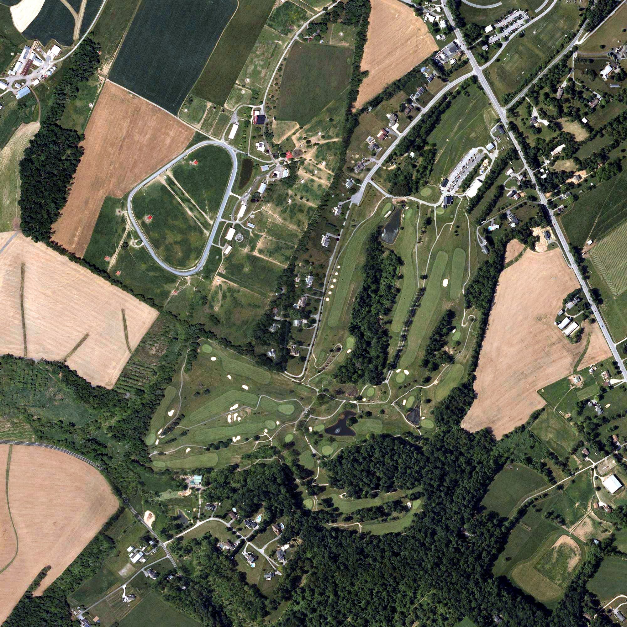 Aerial view of Westminster National Golf Course, MD, with its hole routing marked