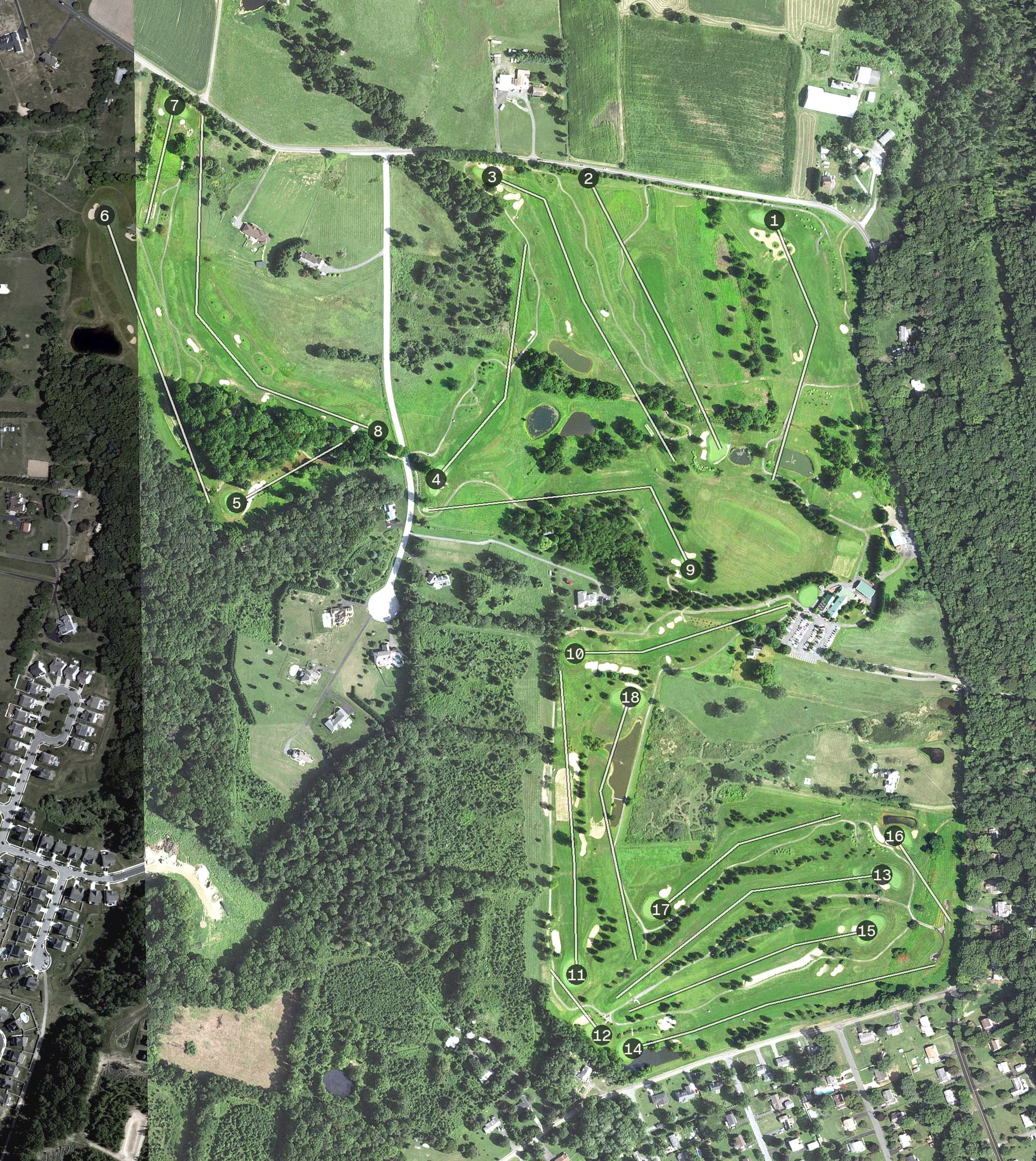 Aerial view of Wetlands Golf Course, MD, with its hole routing marked