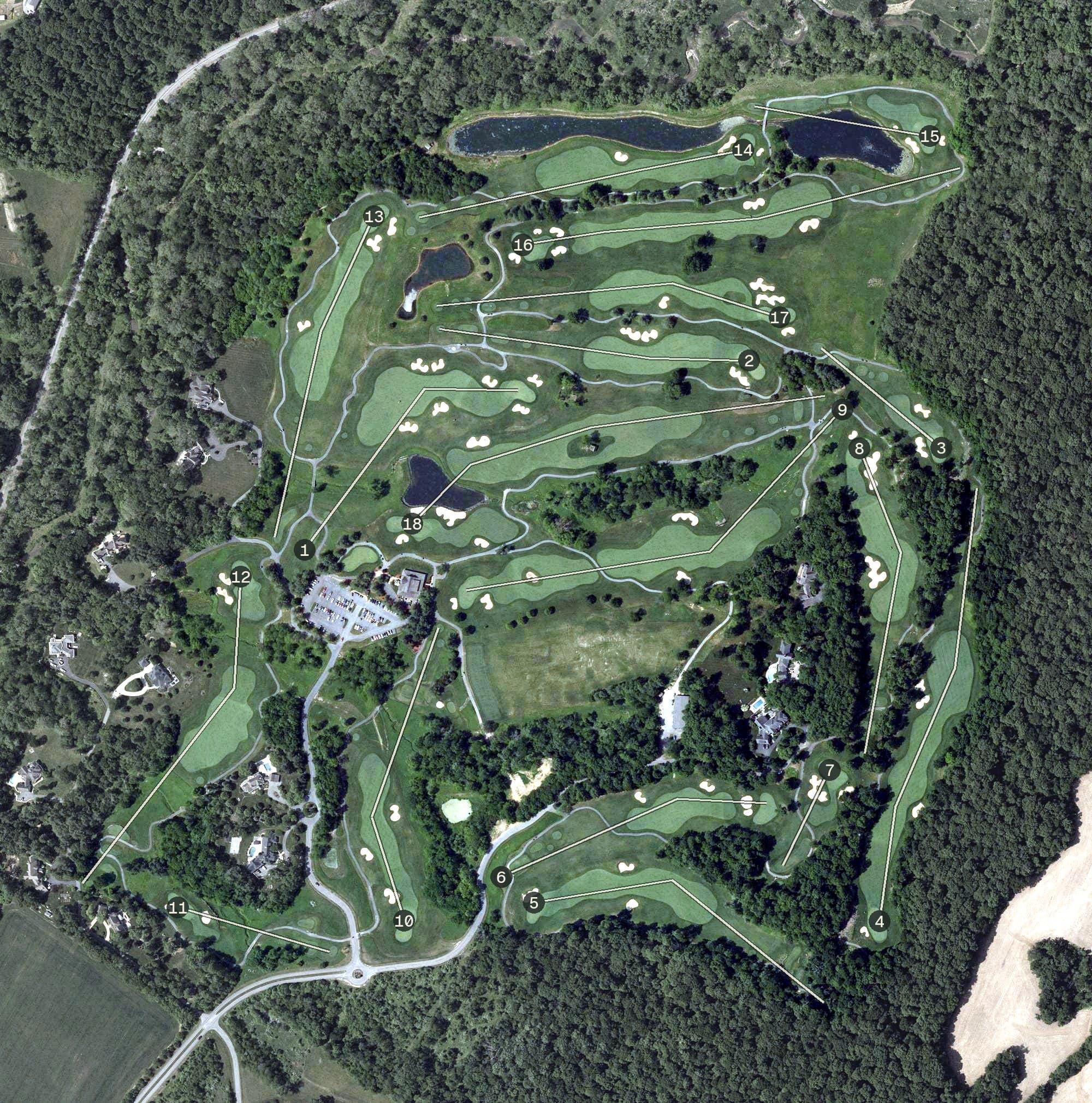 Aerial view of Whiskey Creek Golf Course, MD, with its hole routing marked