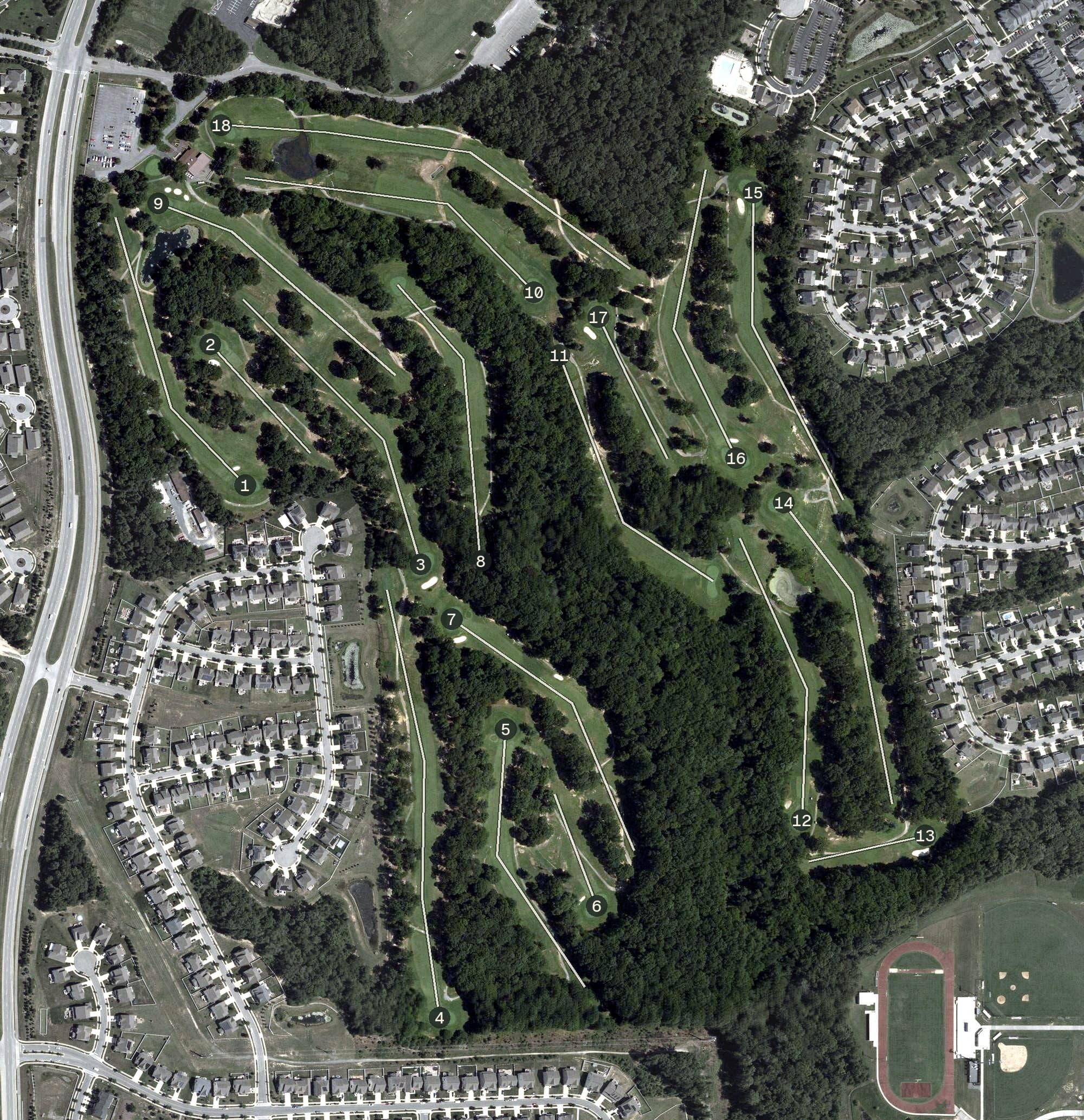 Aerial view of White Plains Golf Course, MD, with its hole routing marked
