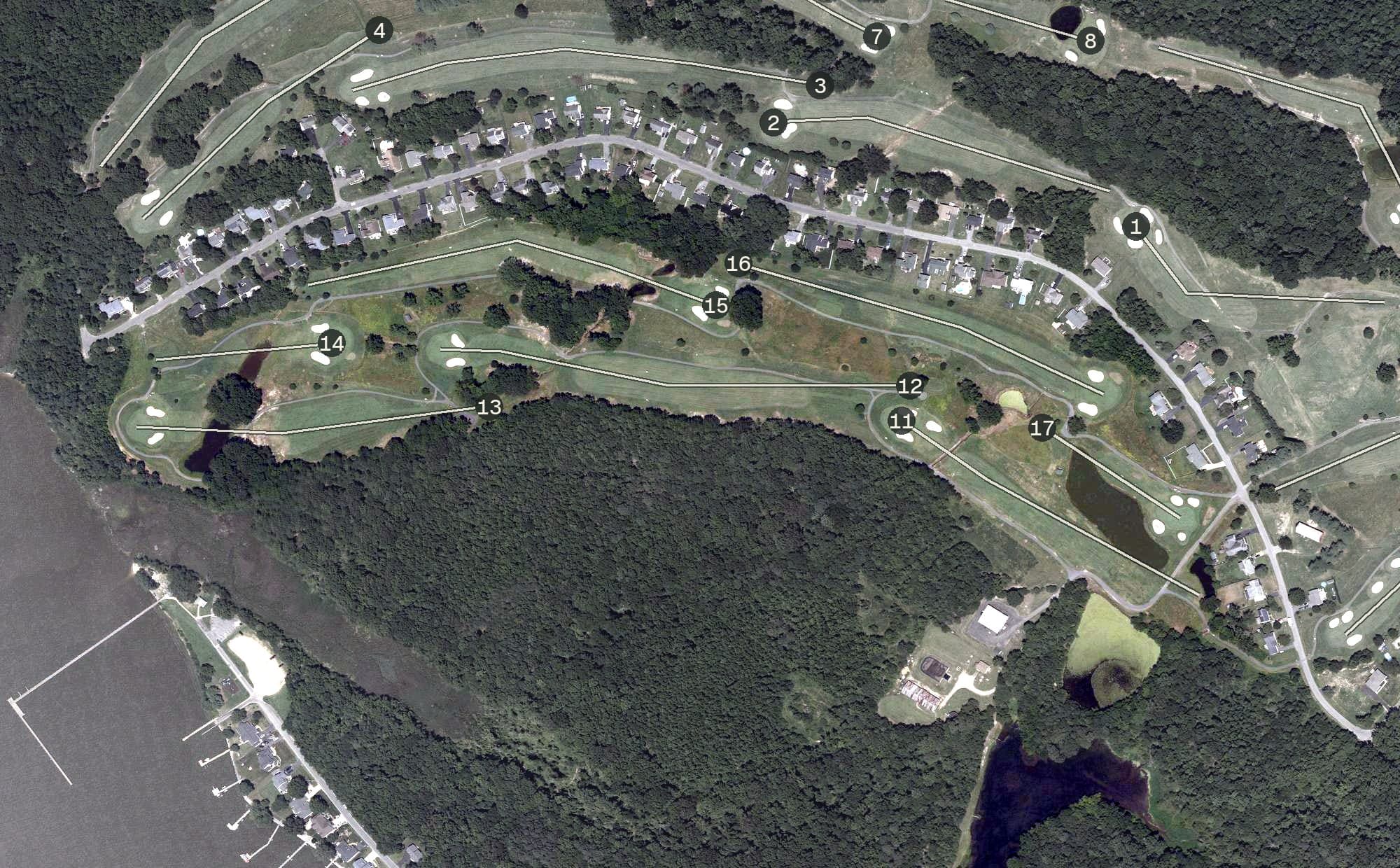 Aerial view of Wicomico Shores Golf Course, MD, with its hole routing marked