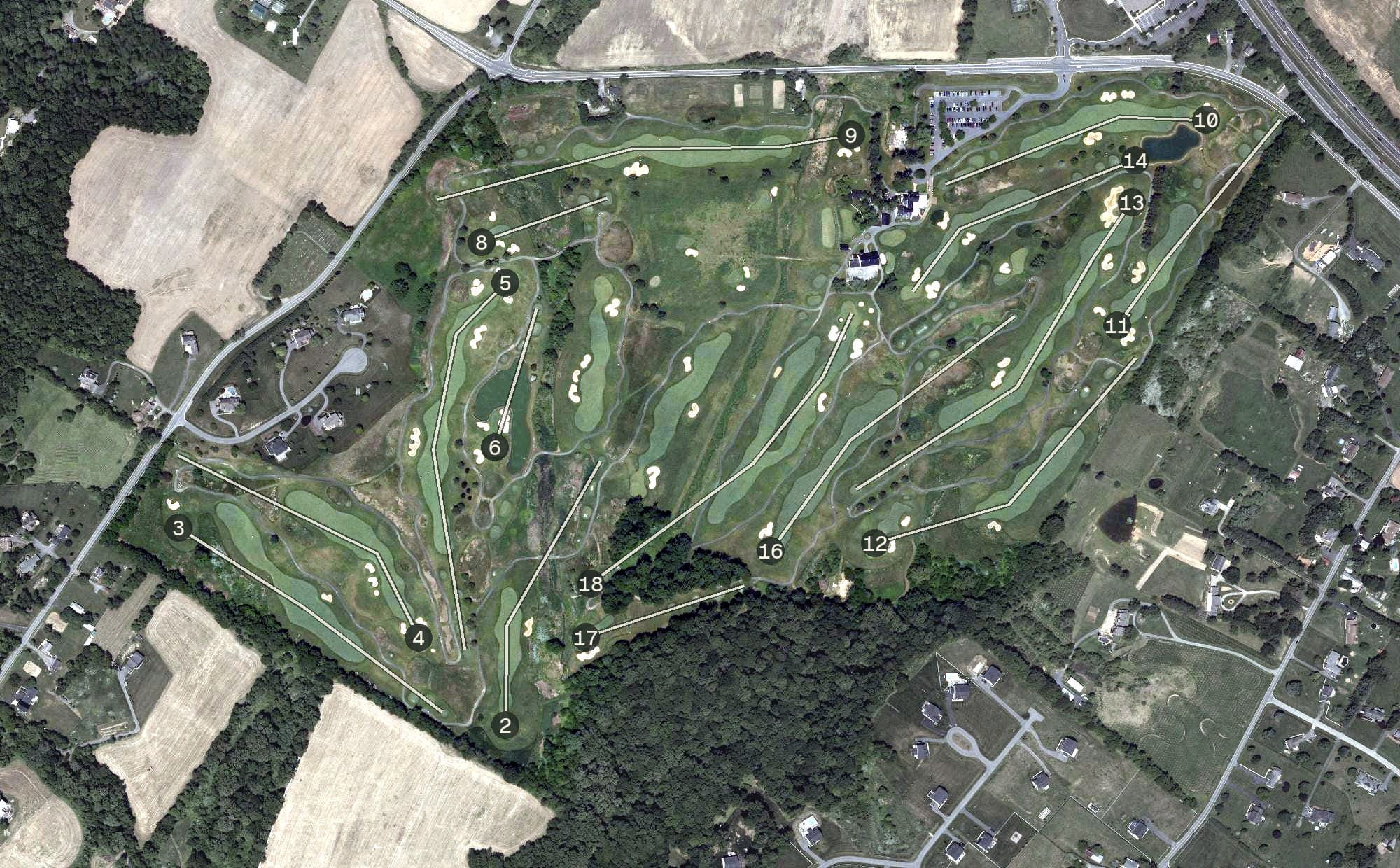 Aerial view of Worthington Manor Golf Club, MD, with its hole routing marked