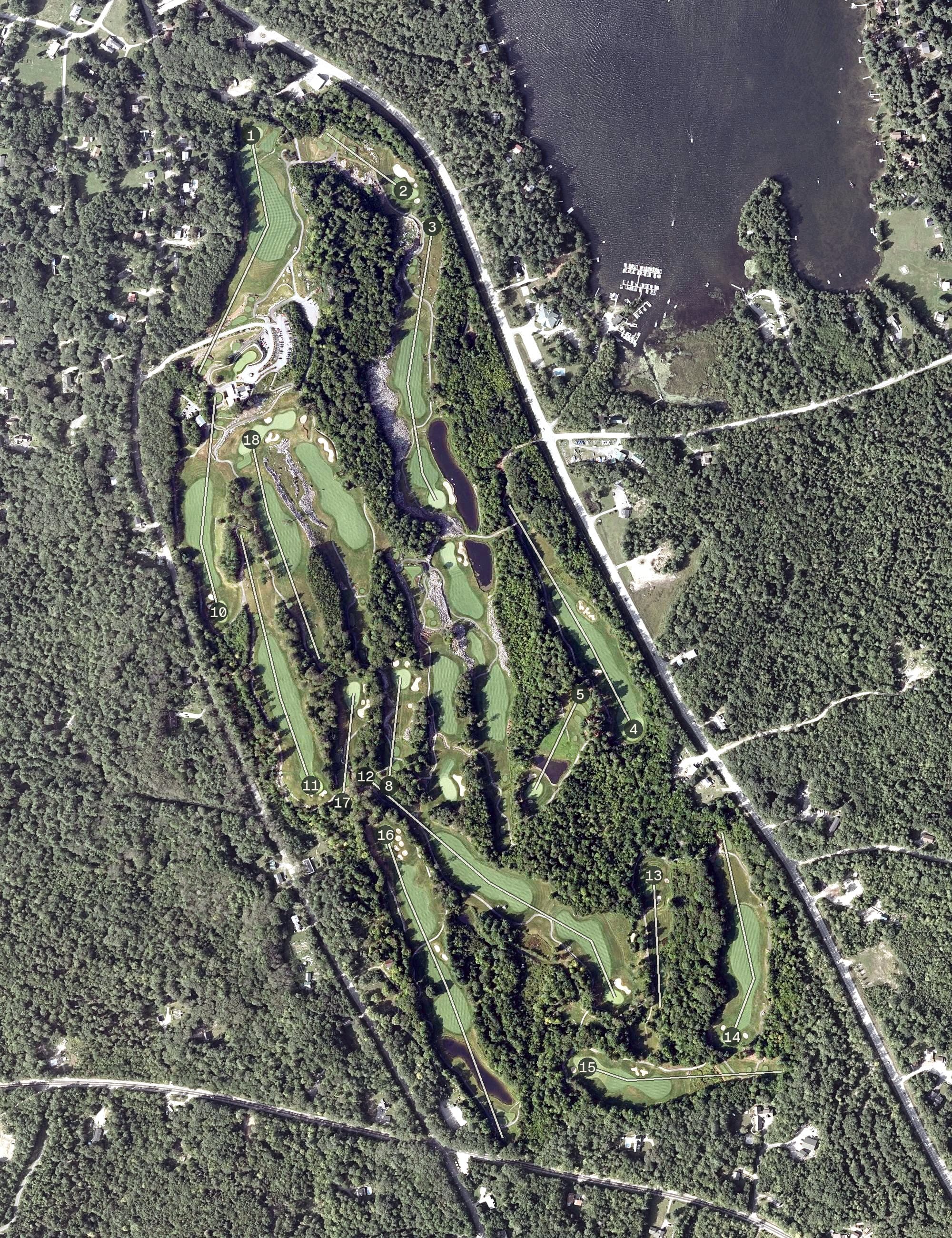 Aerial view of Belgrade Lakes Golf Club, ME, with its hole routing marked