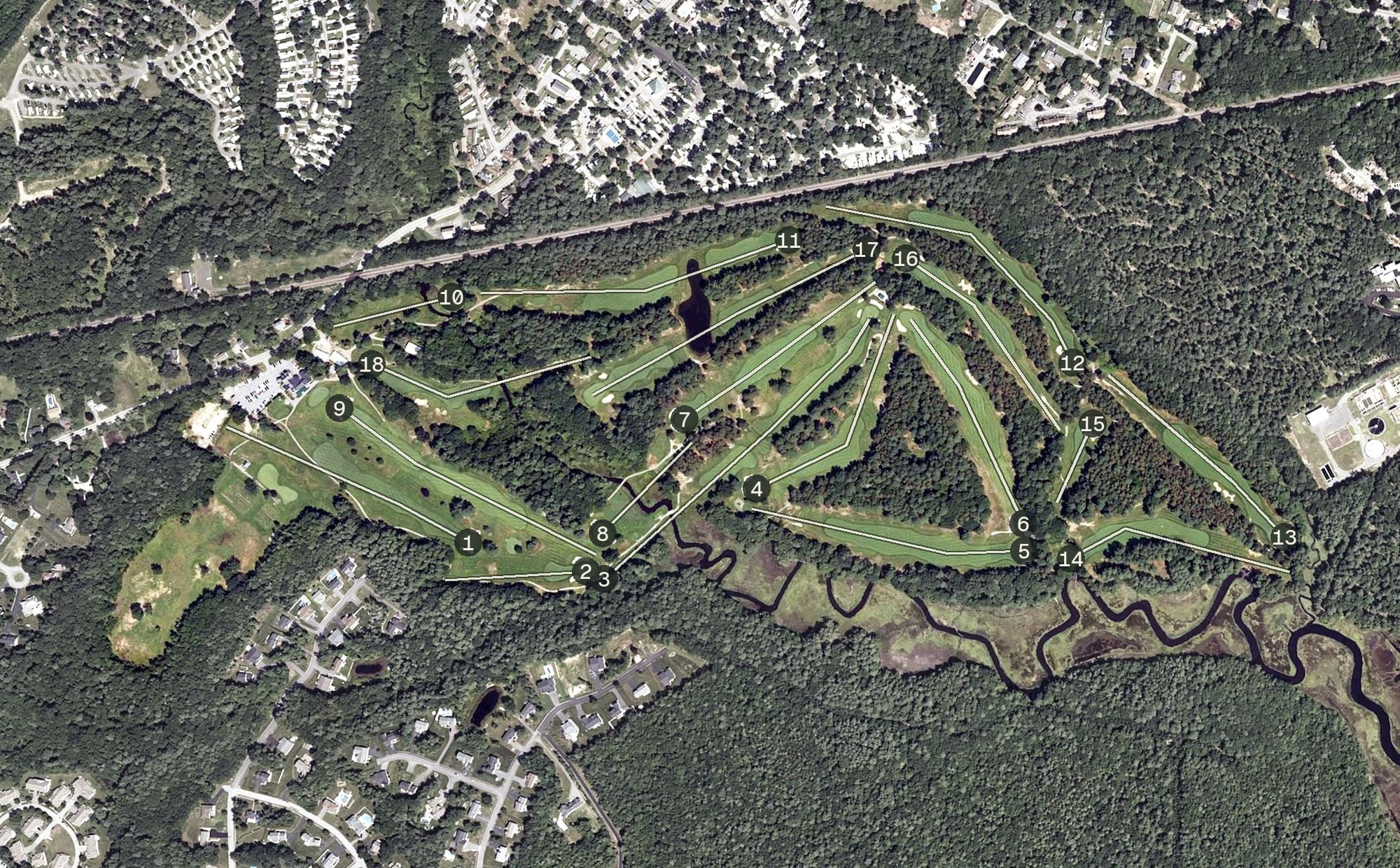 Aerial view of Biddeford Saco Country Club, ME, with its hole routing marked